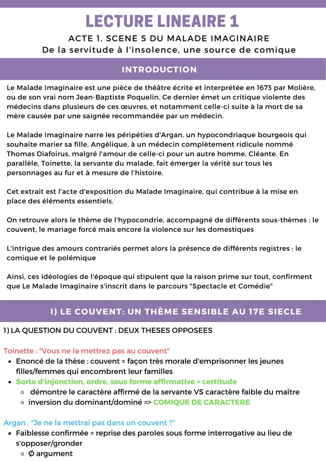 LECTURE LINEAIRE 1
ACTE 1, SCENE 5 DU MALADE IMAGINAIRE
De la servitude à l'insolence, une source de comique
INTRODUCTION
Le Malade Imaginai