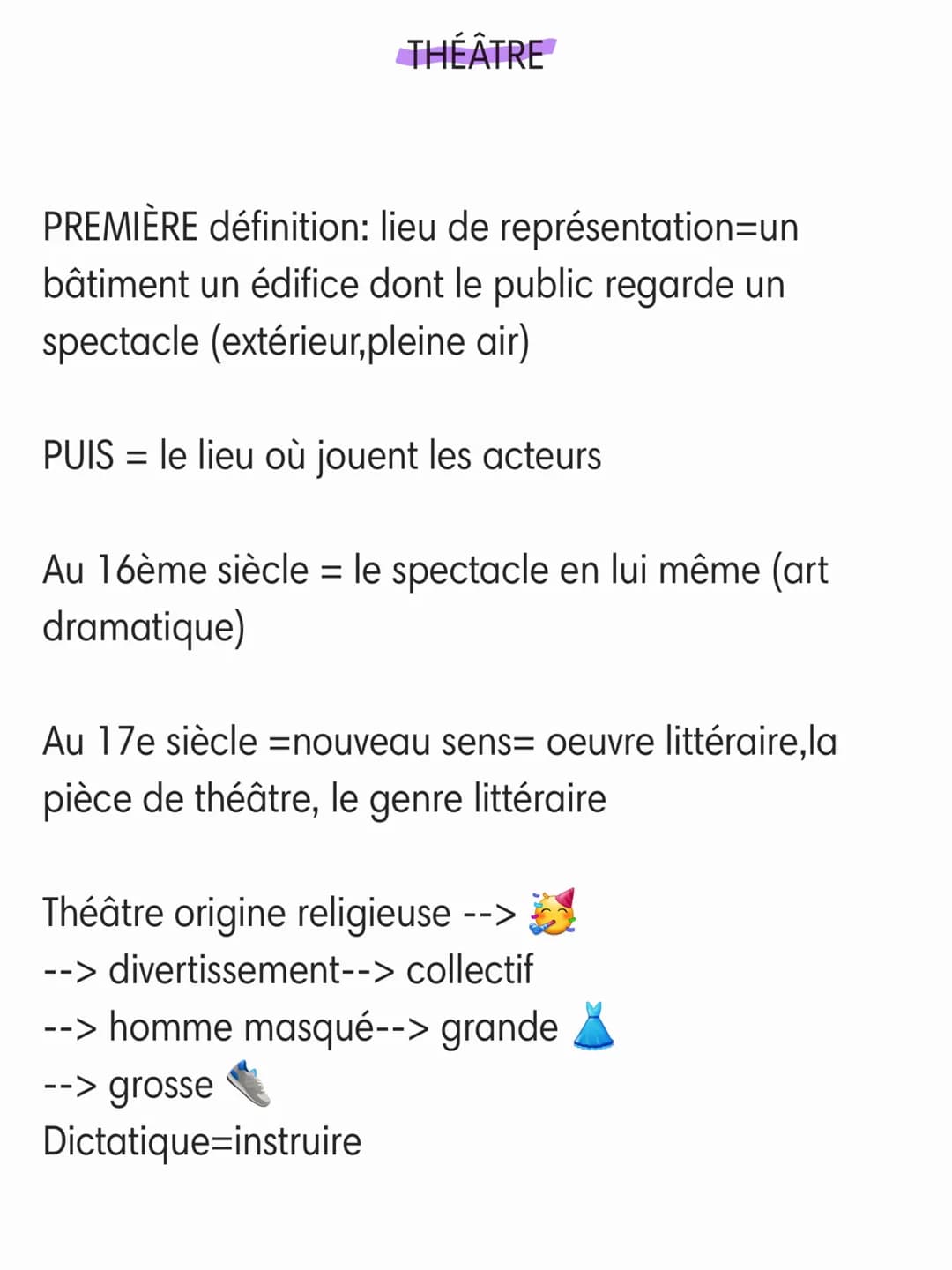 THÉÂTRE
PREMIÈRE définition: lieu de représentation=un
bâtiment un édifice dont le public regarde un
spectacle (extérieur,pleine air)
PUIS =