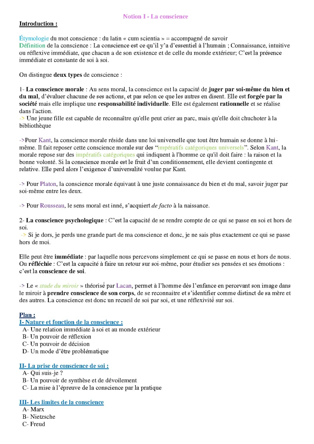 Cours sur la conscience PDF - Philosophie Terminale et Exemples