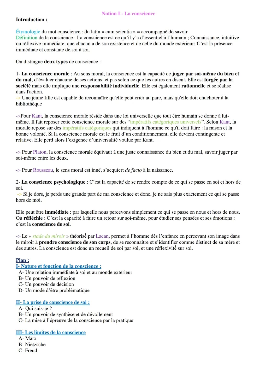 Introduction :
Notion I - La conscience
Étymologie du mot conscience : du latin << cum scientia »> = accompagné de savoir
Définition de la c