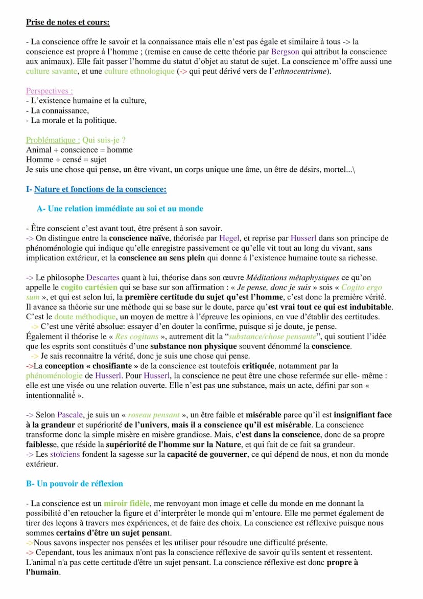 Introduction :
Notion I - La conscience
Étymologie du mot conscience : du latin << cum scientia »> = accompagné de savoir
Définition de la c