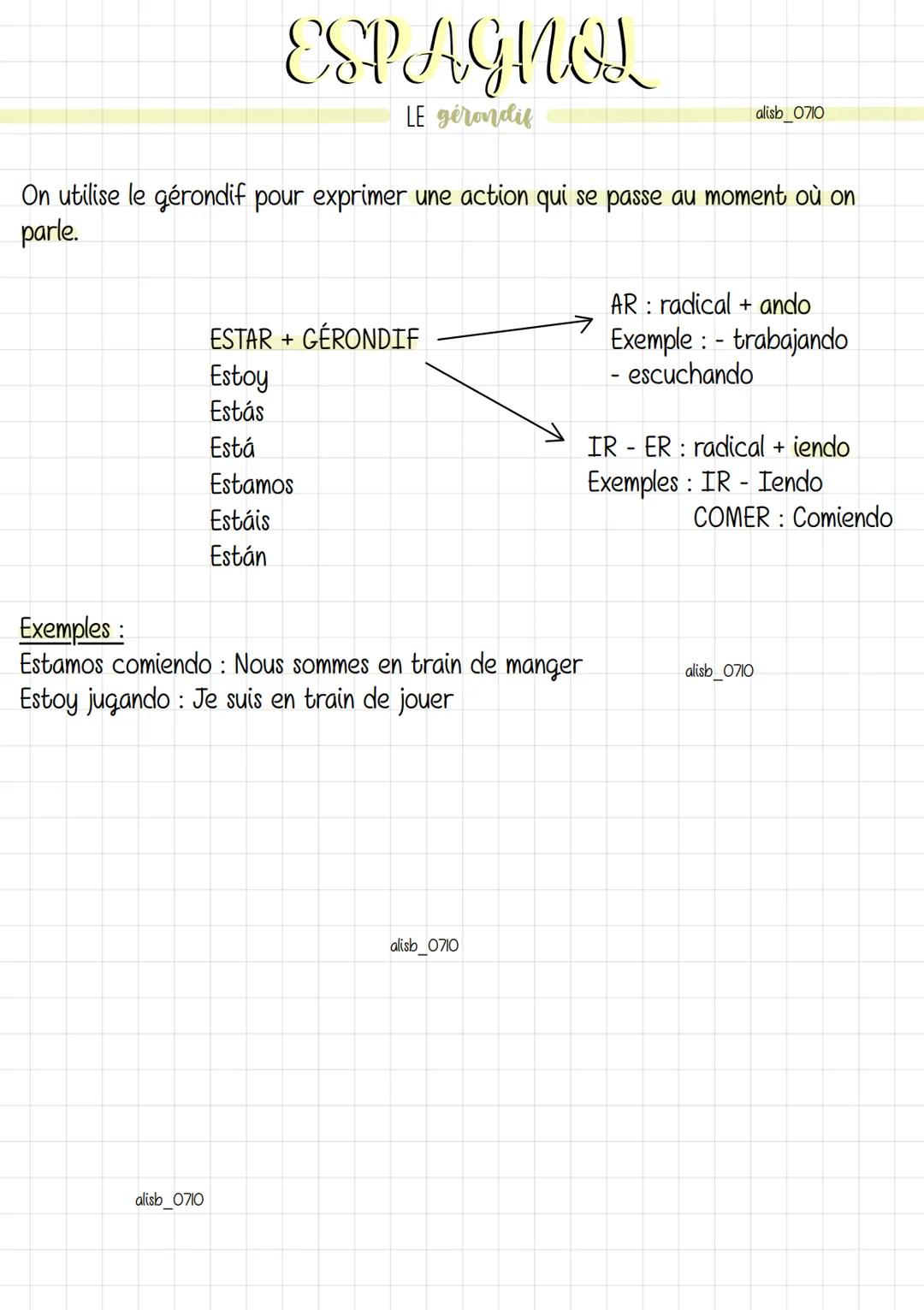 ESPAGNOL
LE gérandif
On utilise le gérondif pour exprimer une action qui se passe au moment où on
parle.
alisb_0710
ESTAR + GÉRONDIF
Estoy
E