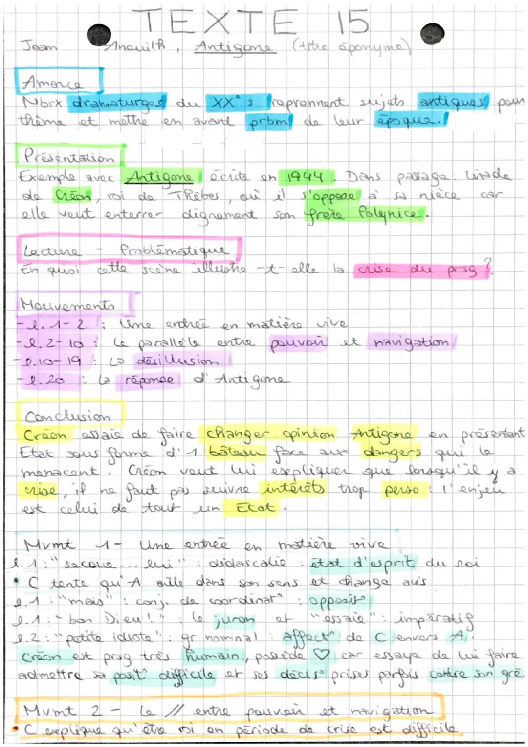 # TEXTE 15
Jeam
Anouilh , Antigone (titre aponyme)

Amorce
Norx dramaturgest du XX° 3 reprennent sujets antiques pour
thème et methe en avan