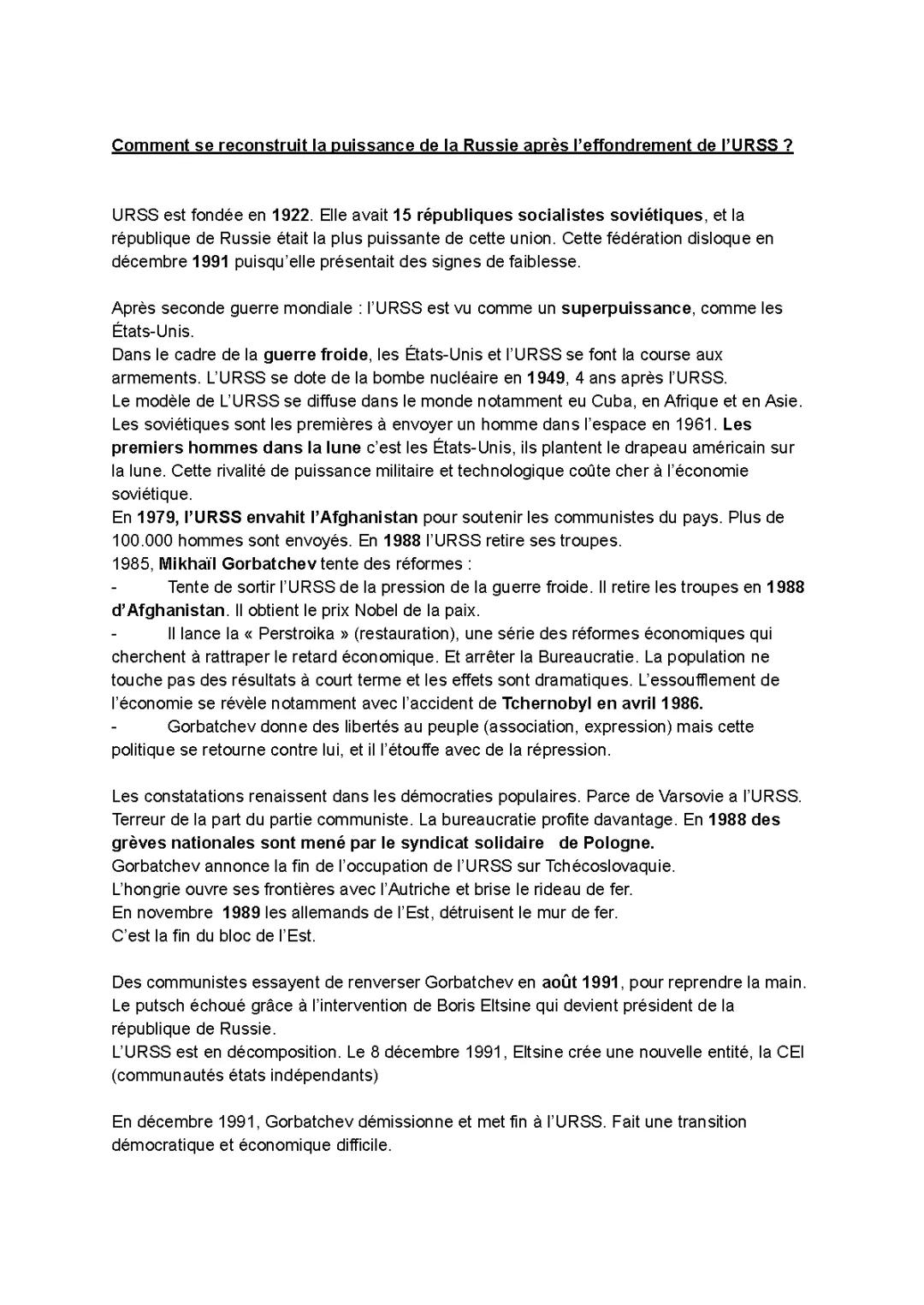 La Russie HGGSP 1ère : De l'effondrement de l'URSS à la Puissance Russe Aujourd'hui