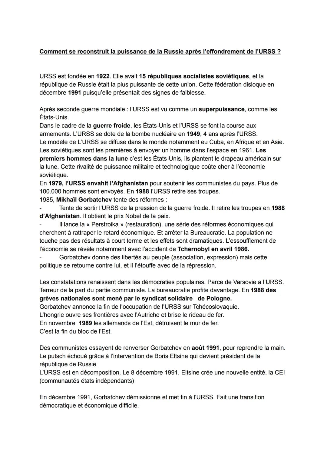 Comment se reconstruit la puissance de la Russie après l'effondrement de l'URSS ?
URSS est fondée en 1922. Elle avait 15 républiques sociali