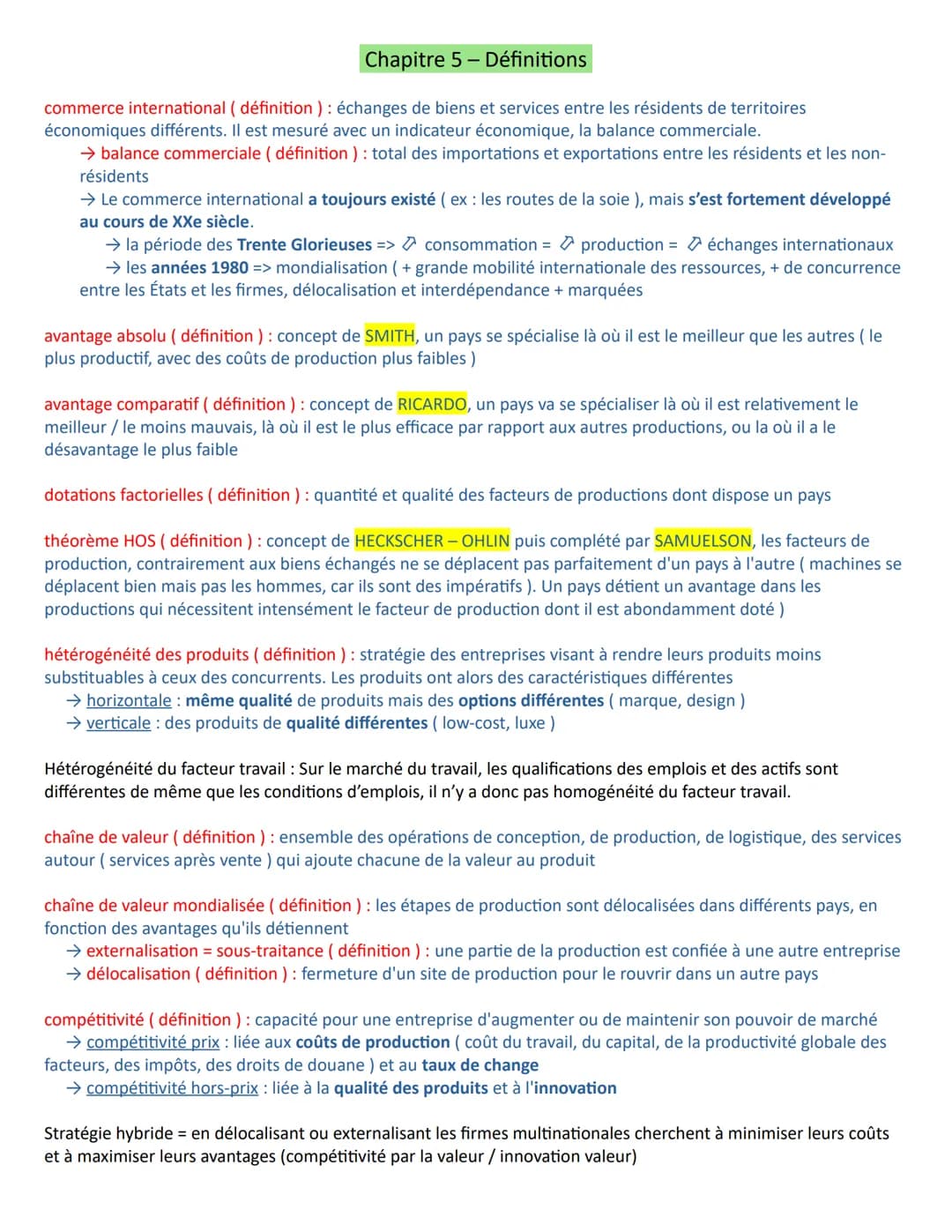 Chapitre 5- Définitions
commerce international (définition): échanges de biens et services entre les résidents de territoires
économiques di