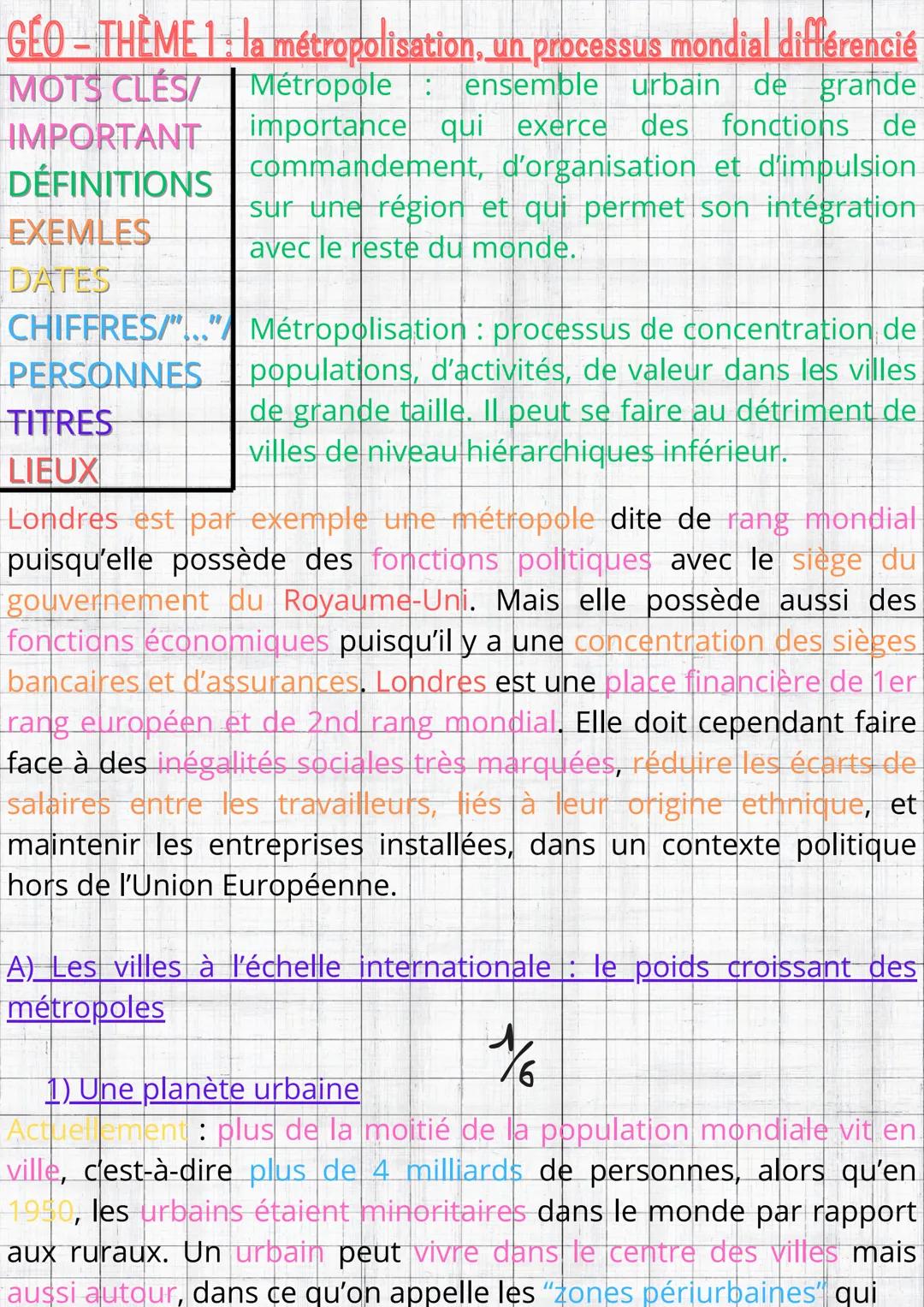 GÉO - THÈME 1: la métropolisation, un processus mondial différencié

MOTS CLÉS/ Métropole : ensemble urbain de grande
IMPORTANT importance q