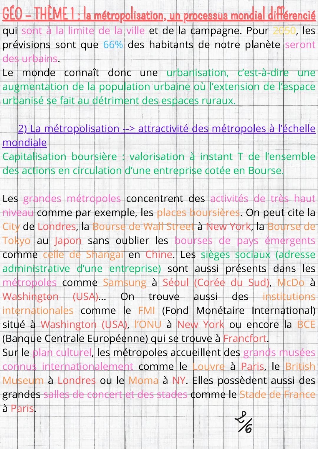 GÉO - THÈME 1: la métropolisation, un processus mondial différencié

MOTS CLÉS/ Métropole : ensemble urbain de grande
IMPORTANT importance q