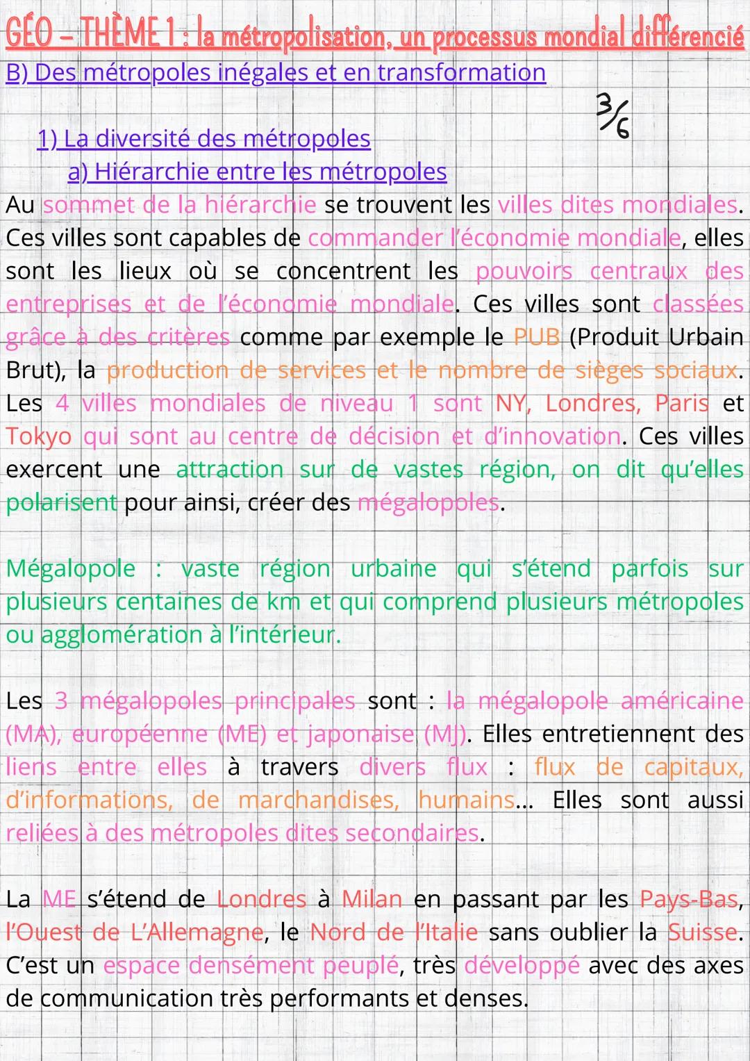 GÉO - THÈME 1: la métropolisation, un processus mondial différencié

MOTS CLÉS/ Métropole : ensemble urbain de grande
IMPORTANT importance q