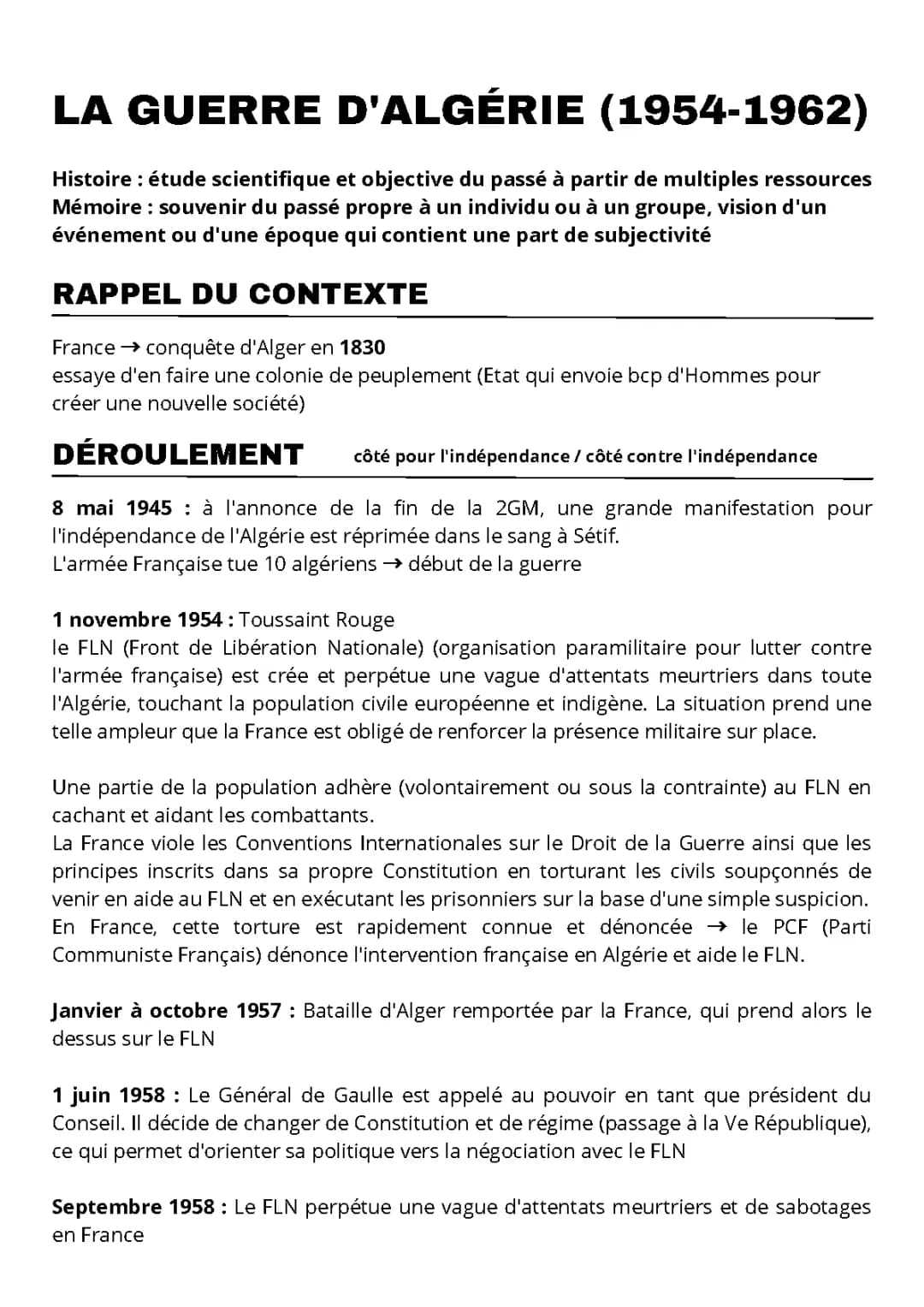 Résumé et dates de la guerre d'Algérie 1954-1962
