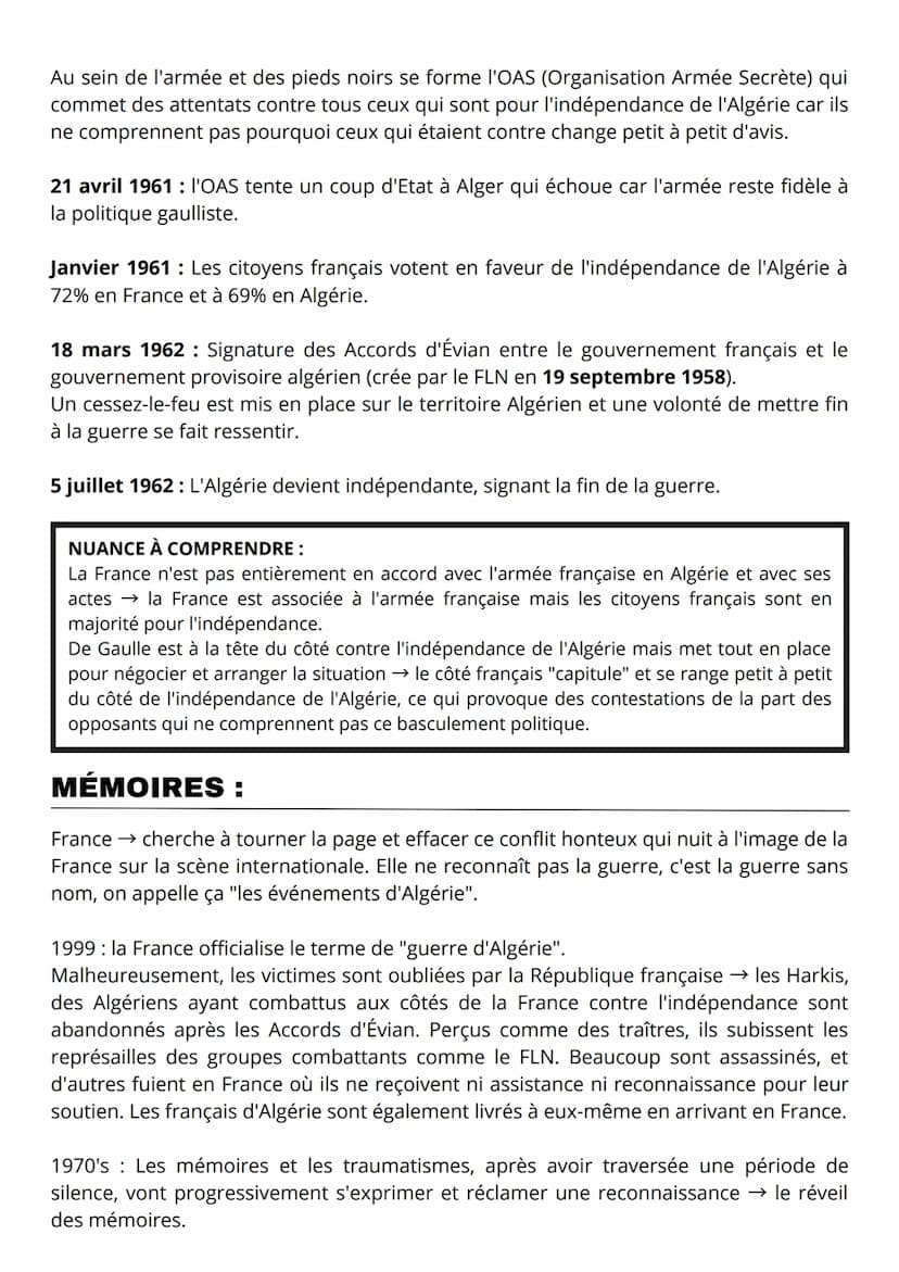 LA GUERRE D'ALGÉRIE (1954-1962)
Histoire : étude scientifique et objective du passé à partir de multiples ressources
Mémoire : souvenir du p