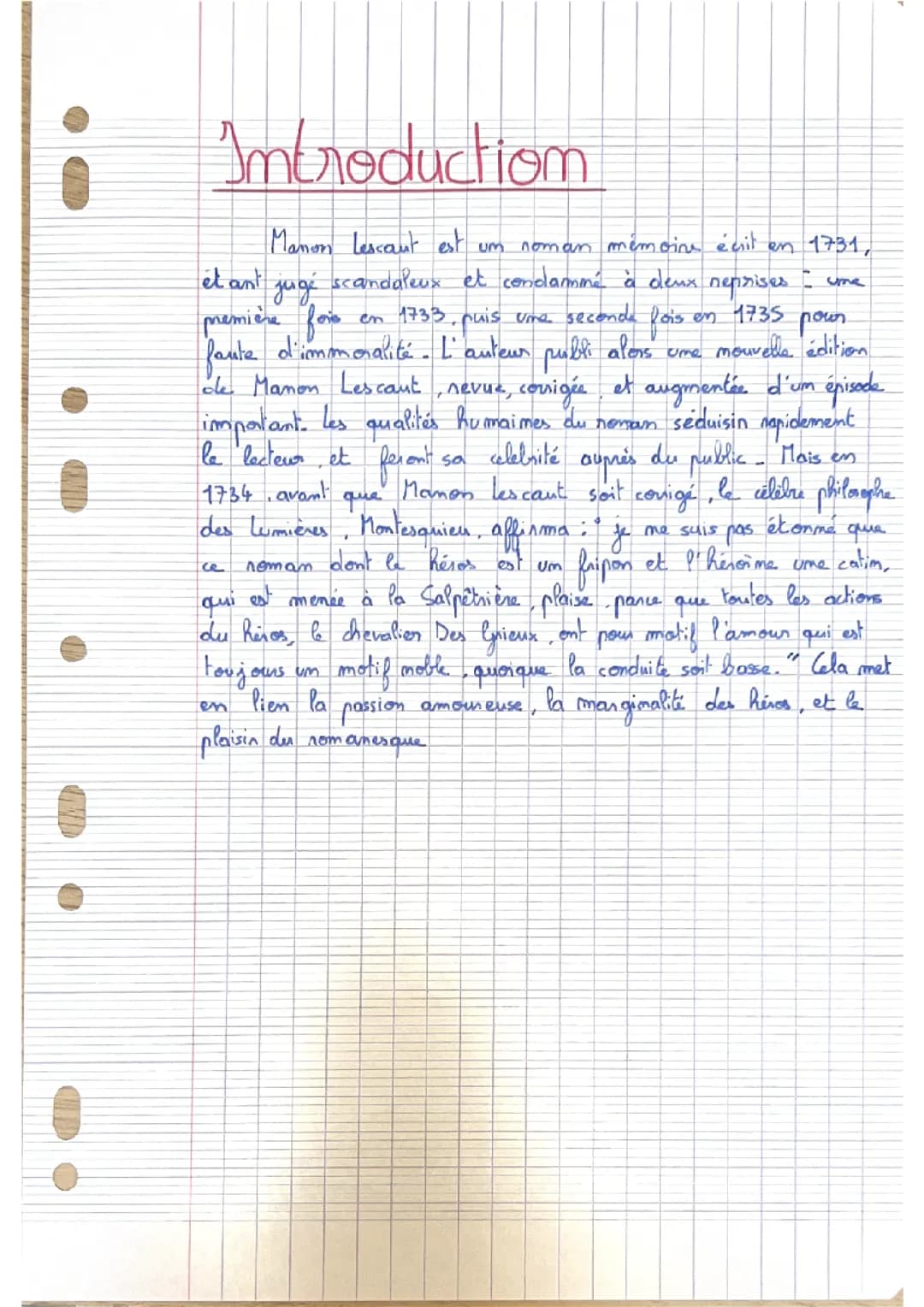 Manon Lescaut de l’Abbé Prévost dissertation introduction, conclusion rédigés et plan détaillé