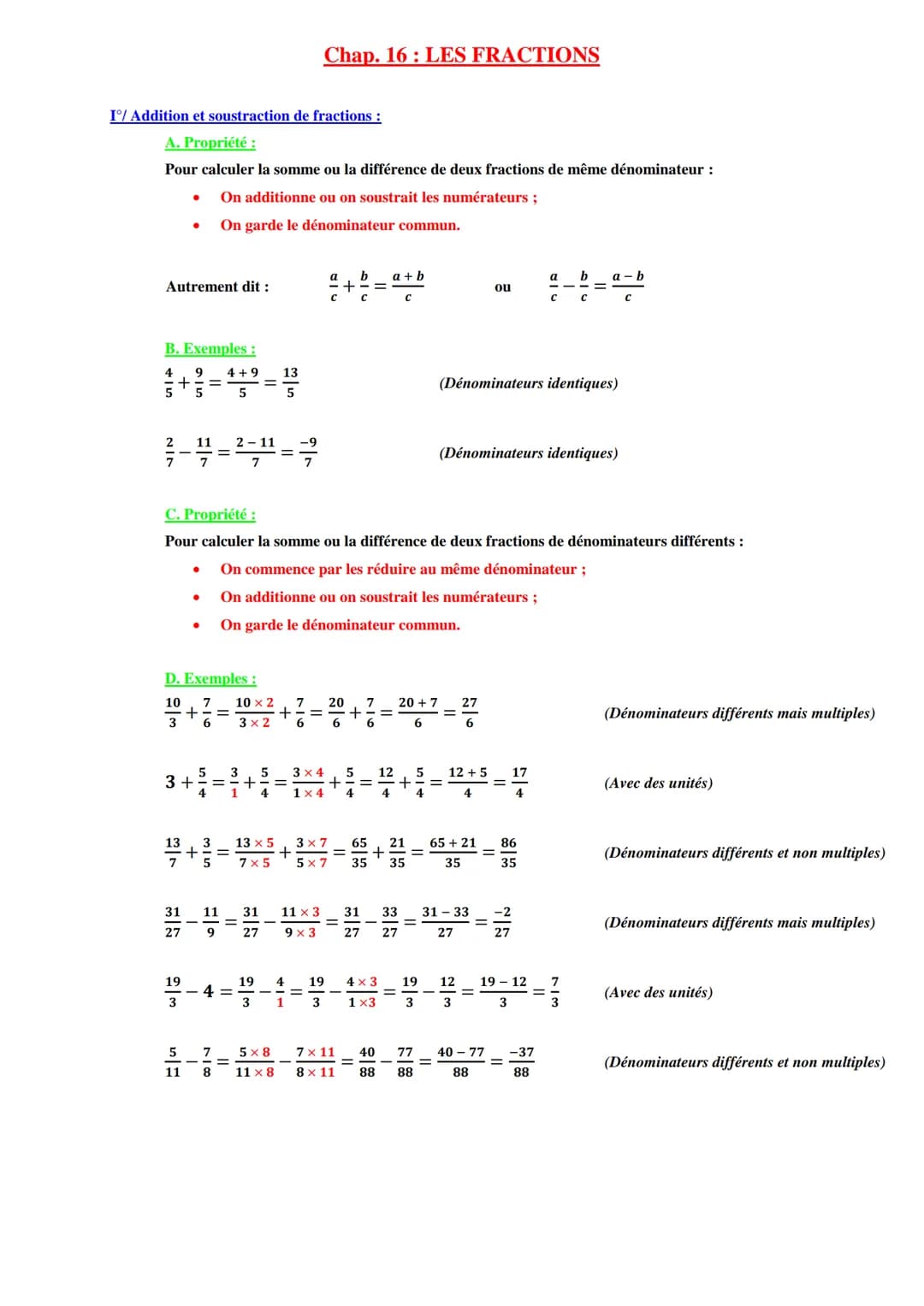 I/ Addition et soustraction de fractions :
A. Propriété :
Pour calculer la somme ou la différence de deux fractions de même dénominateur :
O