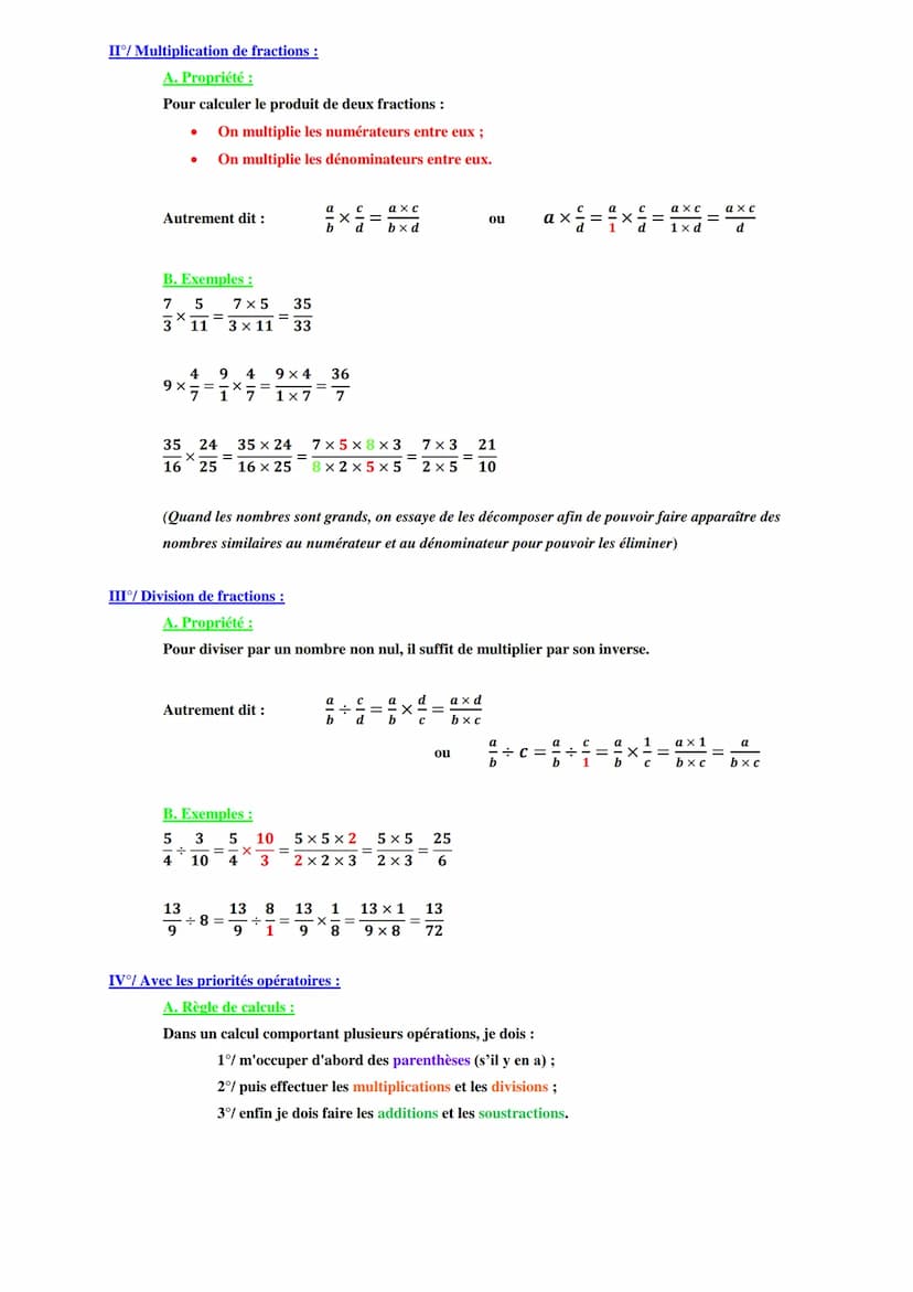 I/ Addition et soustraction de fractions :
A. Propriété :
Pour calculer la somme ou la différence de deux fractions de même dénominateur :
O