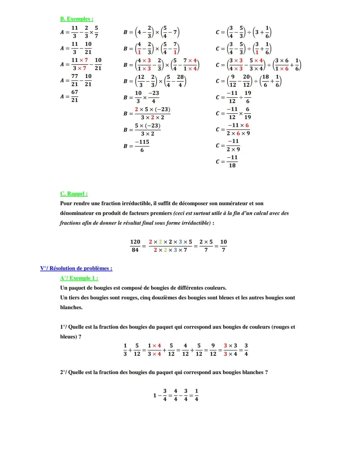 I/ Addition et soustraction de fractions :
A. Propriété :
Pour calculer la somme ou la différence de deux fractions de même dénominateur :
O