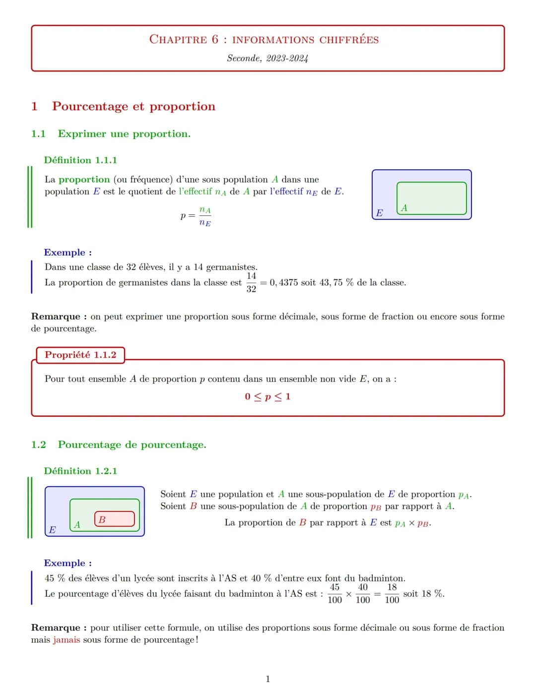 1 Pourcentage et proportion
1.1 Exprimer une proportion.
Définition 1.1.1
CHAPITRE 6: INFORMATIONS CHIFFRÉES
Seconde, 2023-2024
La proportio