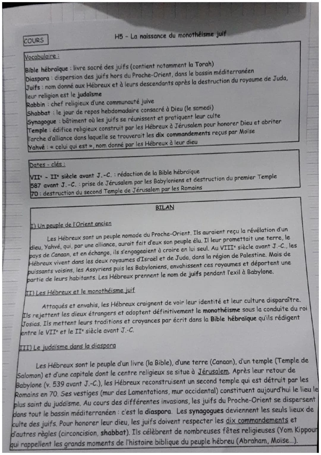 COURS
H5 - La naissance du monothéisme juif
Vocabulaire
Bible hébraique: livre sacré des juifs (contient notamment la Torah)
Diaspora: dispe