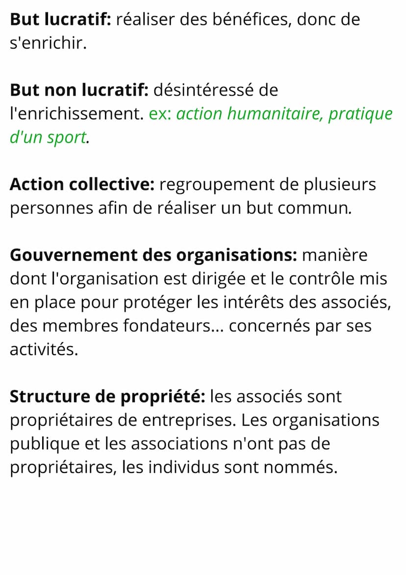 Sciences de Gestion et du
Numérique
Notions et Formules 1. Les différents types
d'organisations
Notions
Organisation: plusieurs individus ay