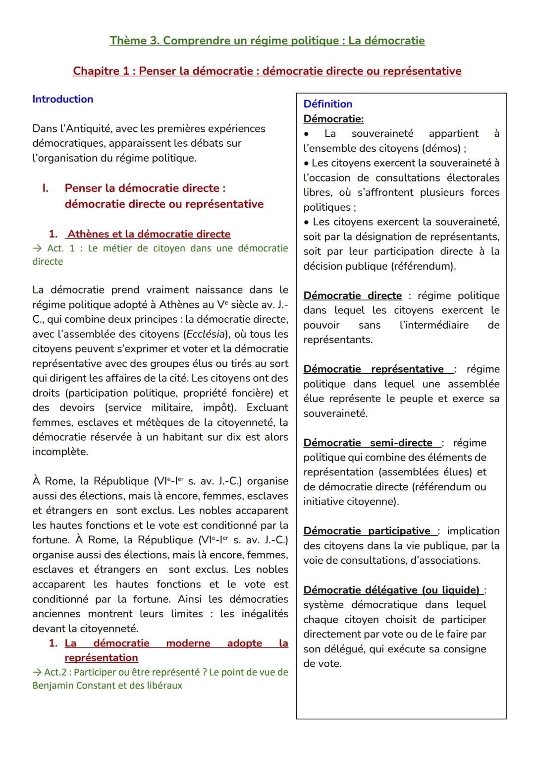 Thème 3. Comprendre un régime politique : La démocratie
Chapitre 1 : Penser la démocratie : démocratie directe ou représentative
Introductio