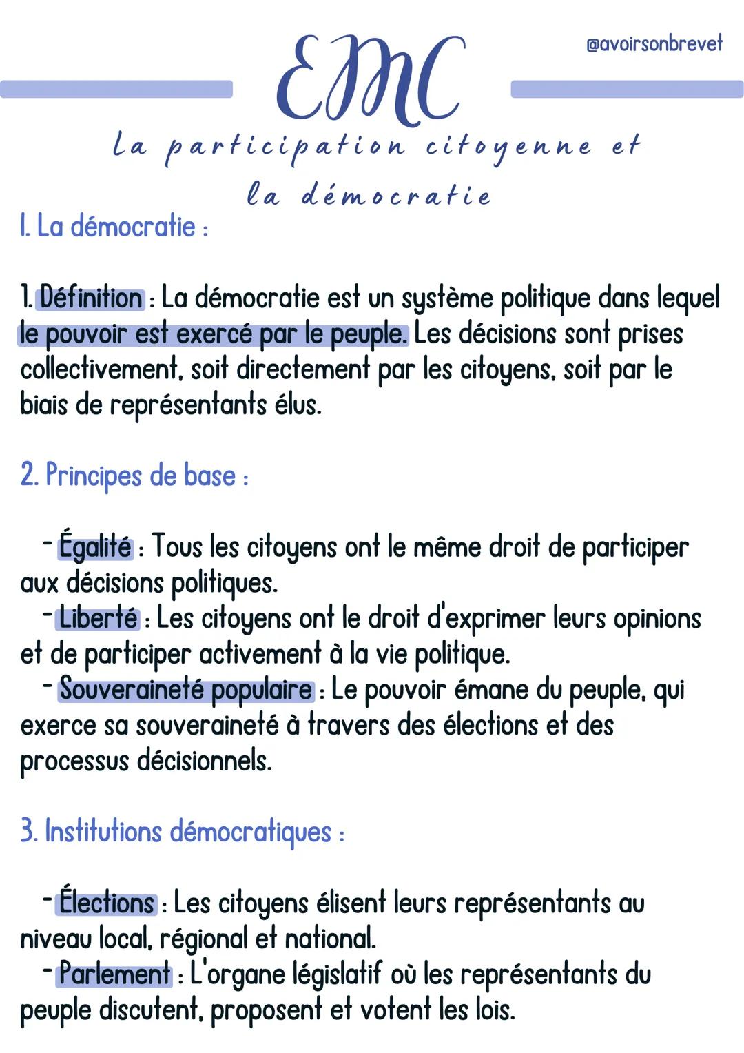 EMC
@avoirsonbrevet
La participation citoyenne et
I. La démocratie :
la démocratie

1. Définition: La démocratie est un système politique da