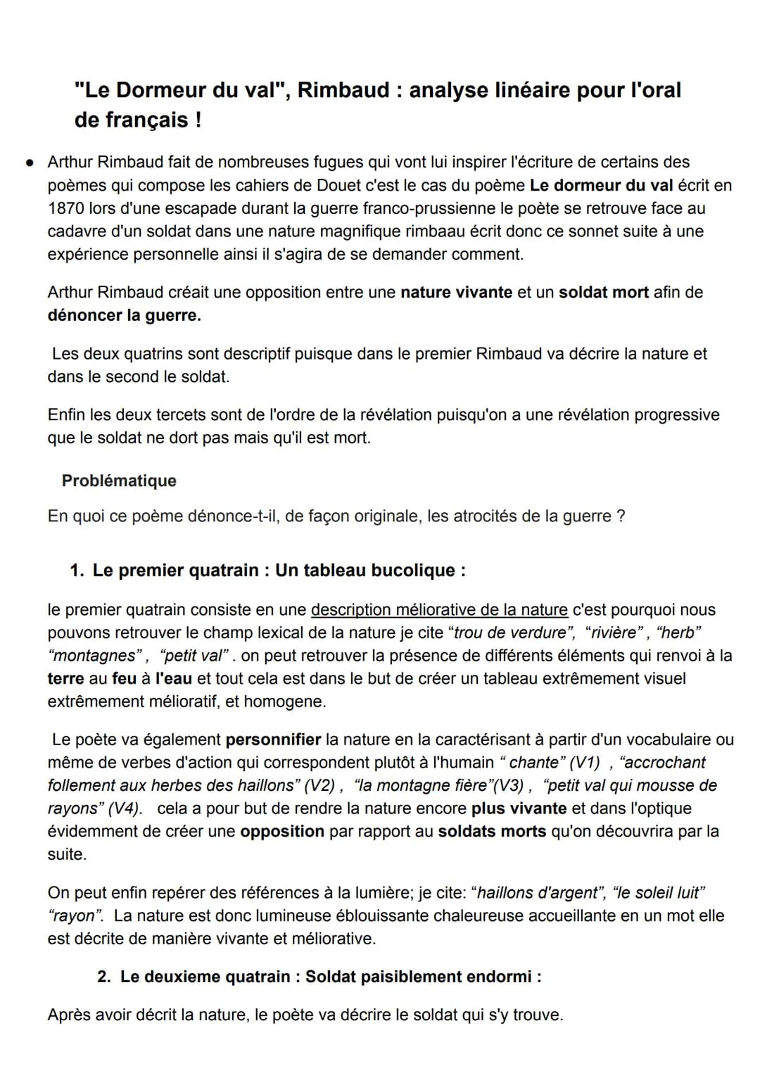 --- OCR Start ---
"Le Dormeur du val", Rimbaud: analyse linéaire pour l'oral
de français !
• Arthur Rimbaud fait de nombreuses fugues qui vo