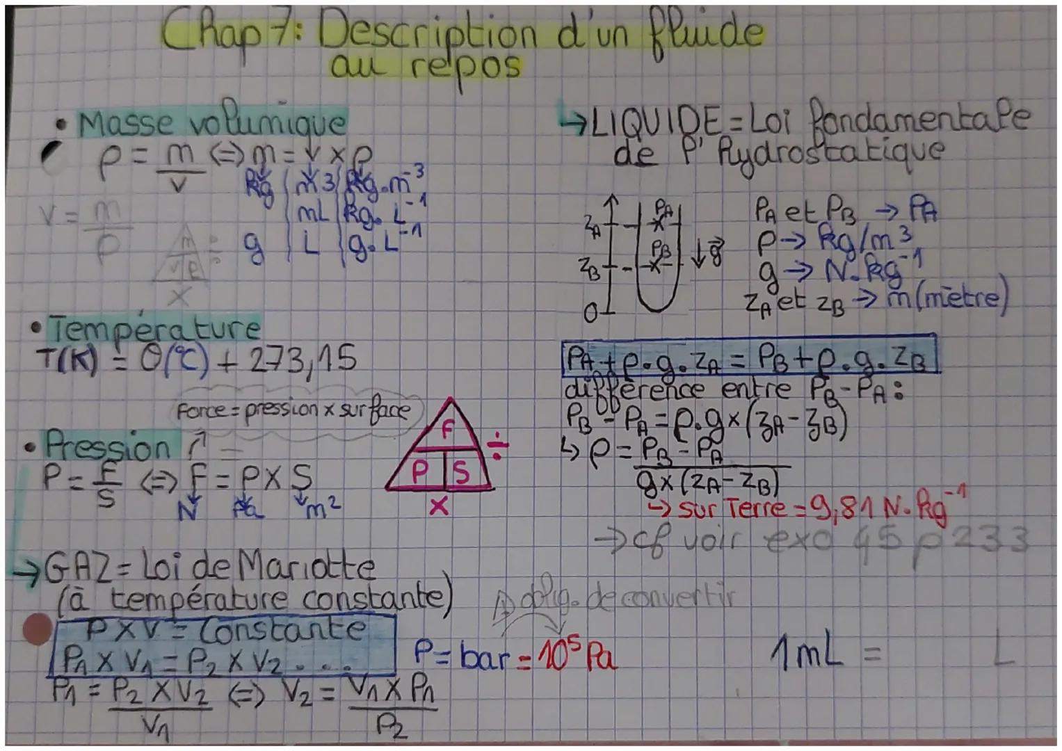 # Chap 7: Description d'un fluide
au repos

- Masse volumique
$
\rho = \frac{m}{V} \Leftrightarrow m = v \times \rho
$

$V=\frac{m}{\rho}$

