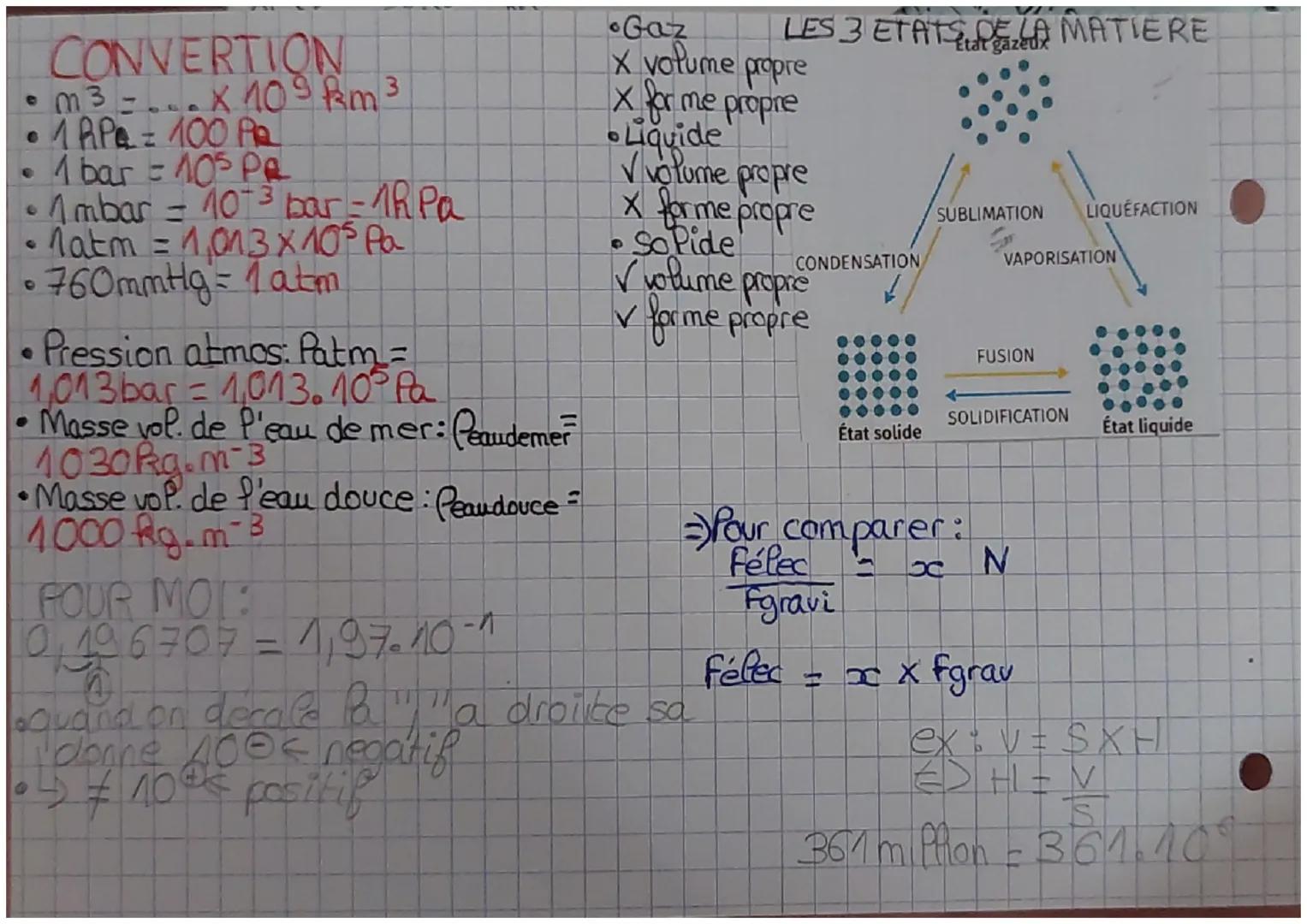 # Chap 7: Description d'un fluide
au repos

- Masse volumique
$
\rho = \frac{m}{V} \Leftrightarrow m = v \times \rho
$

$V=\frac{m}{\rho}$

