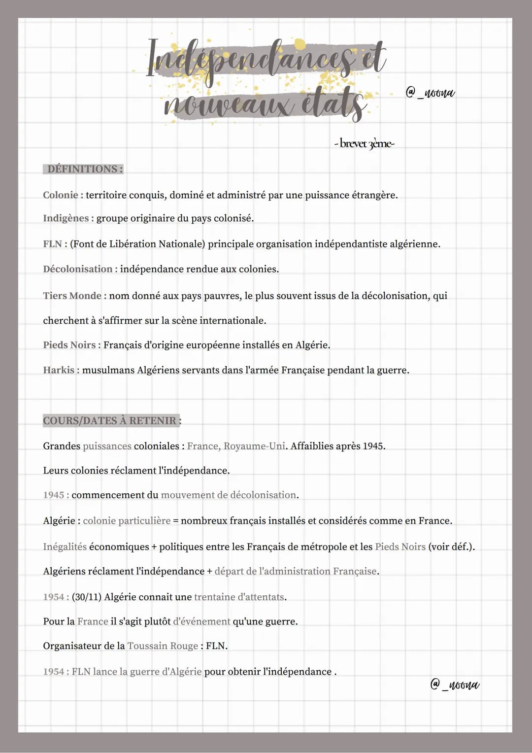 DÉFINITIONS :
Independances et
nouveaux etats
-brevet 3ème-
Colonie: territoire conquis, dominé et administré par une puissance étrangère.
I
