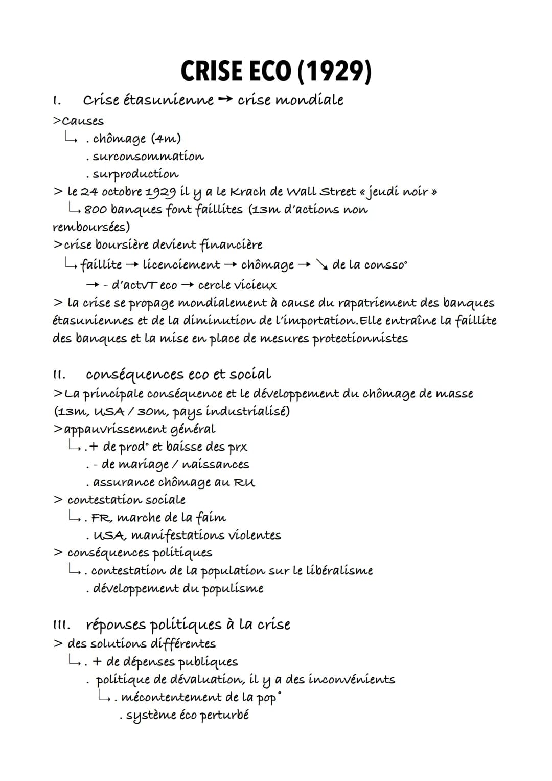 1.
CRISE ECO (1929)
Crise étasunienne crise mondiale
>Causes
L. chômage (4m)
surconsommation
.surproduction
> le 24 octobre 1929 il y a le K