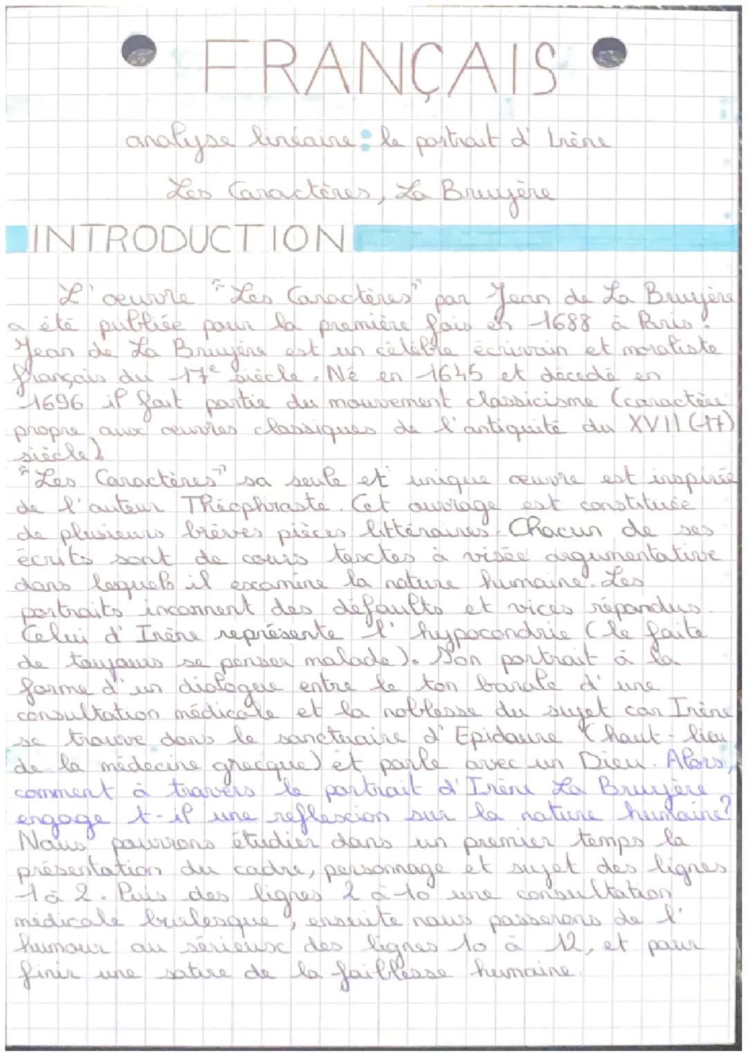 Analyse Linéaire Les Caractères de La Bruyère Livre XI: Le Portrait d'Irène et Autres Personnages