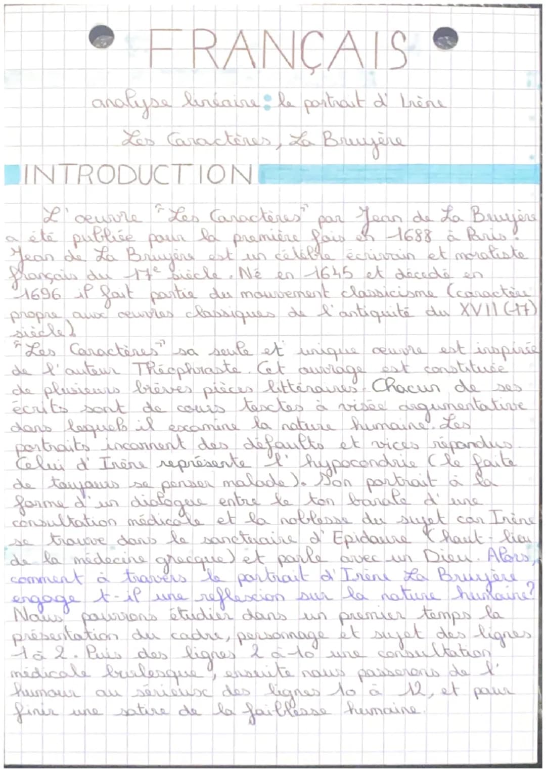 FRANÇAIS
analyse bréaire le portrait d' trène
Les Caractères, La Bruyère
INTRODUCTION
L'œuvre "Les Caractères" par Jean de La Bruyère
a été 