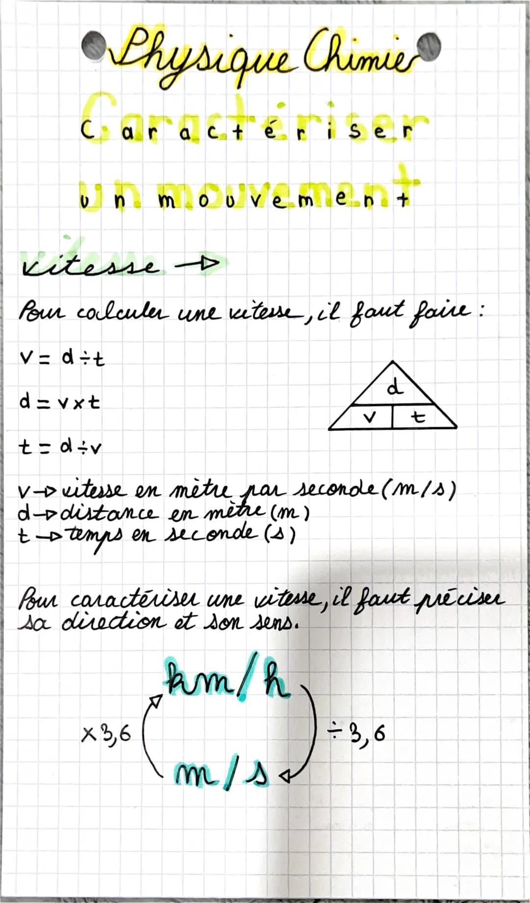 с
Physique Chimie
arac
d=vxt
n
acté
vitesse D
Pour calculer une vitesse, il faut faire :
v= d÷t
i ser
er
ouvement
x3,6
d
t = d÷v
v- vitesse 