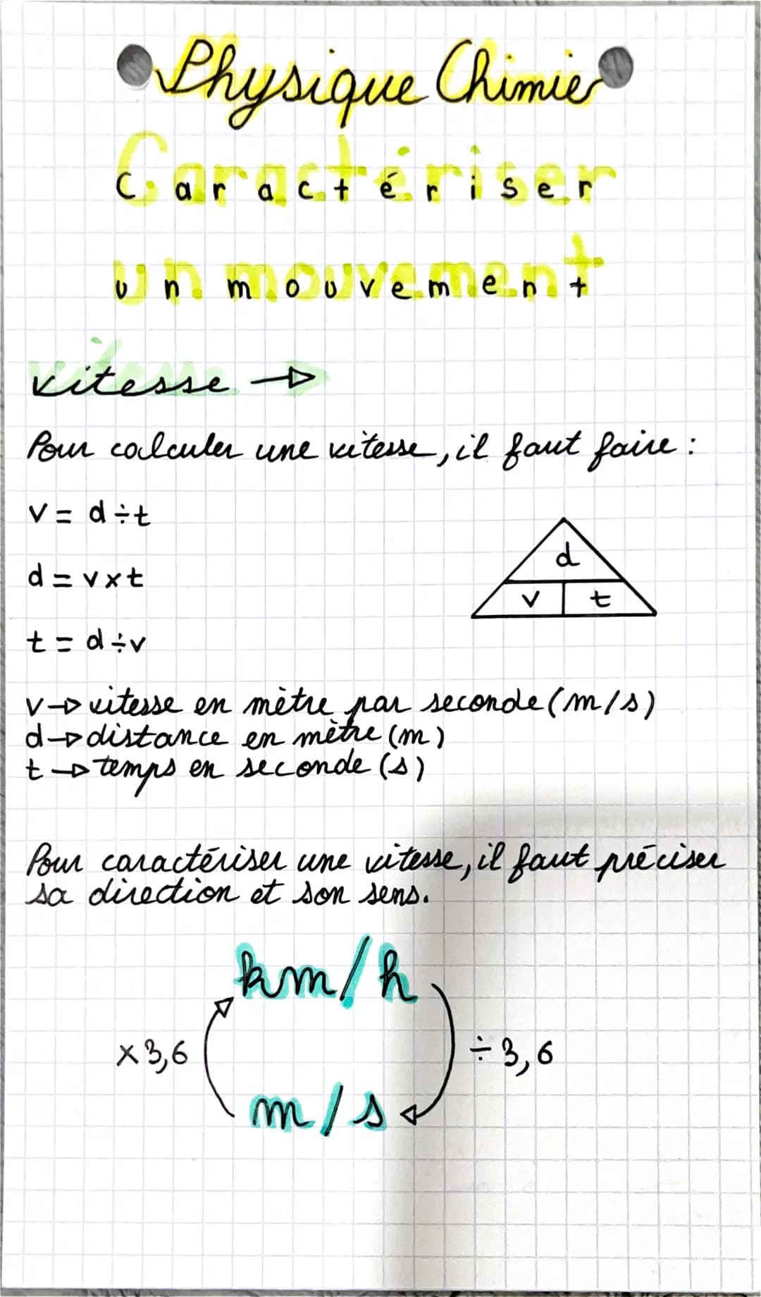 с
Physique Chimie
arac
d=vxt
n
acté
vitesse D
Pour calculer une vitesse, il faut faire :
v= d÷t
i ser
er
ouvement
x3,6
d
t = d÷v
v- vitesse 