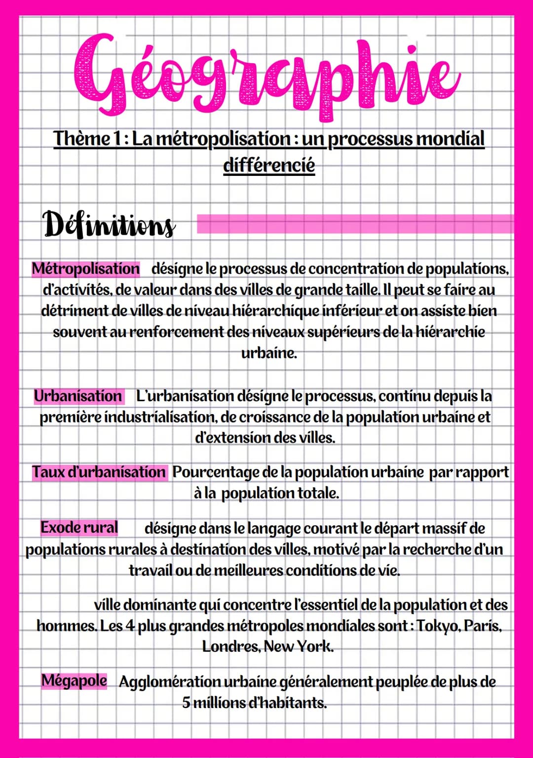 Géographie
Thème 1: La métropolisation : un processus mondial
différencié
Définitions
Métropolisation désigne le processus de concentration 