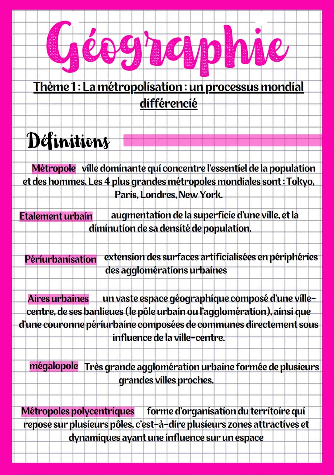 Géographie
Thème 1: La métropolisation : un processus mondial
différencié
Définitions
Métropolisation désigne le processus de concentration 