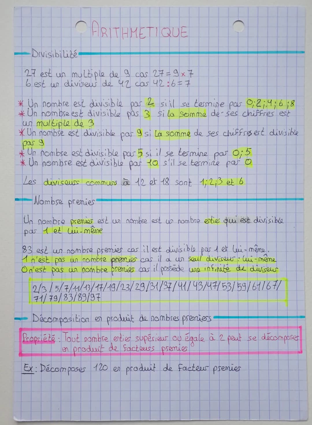 ARITHMETIQUE
-Divisibilité
27 est un multiple de 9 cas 27=9x 7
best un divisew de 42 cas 42:6=7
(
*Un nombre est divisible
2 siil se termine