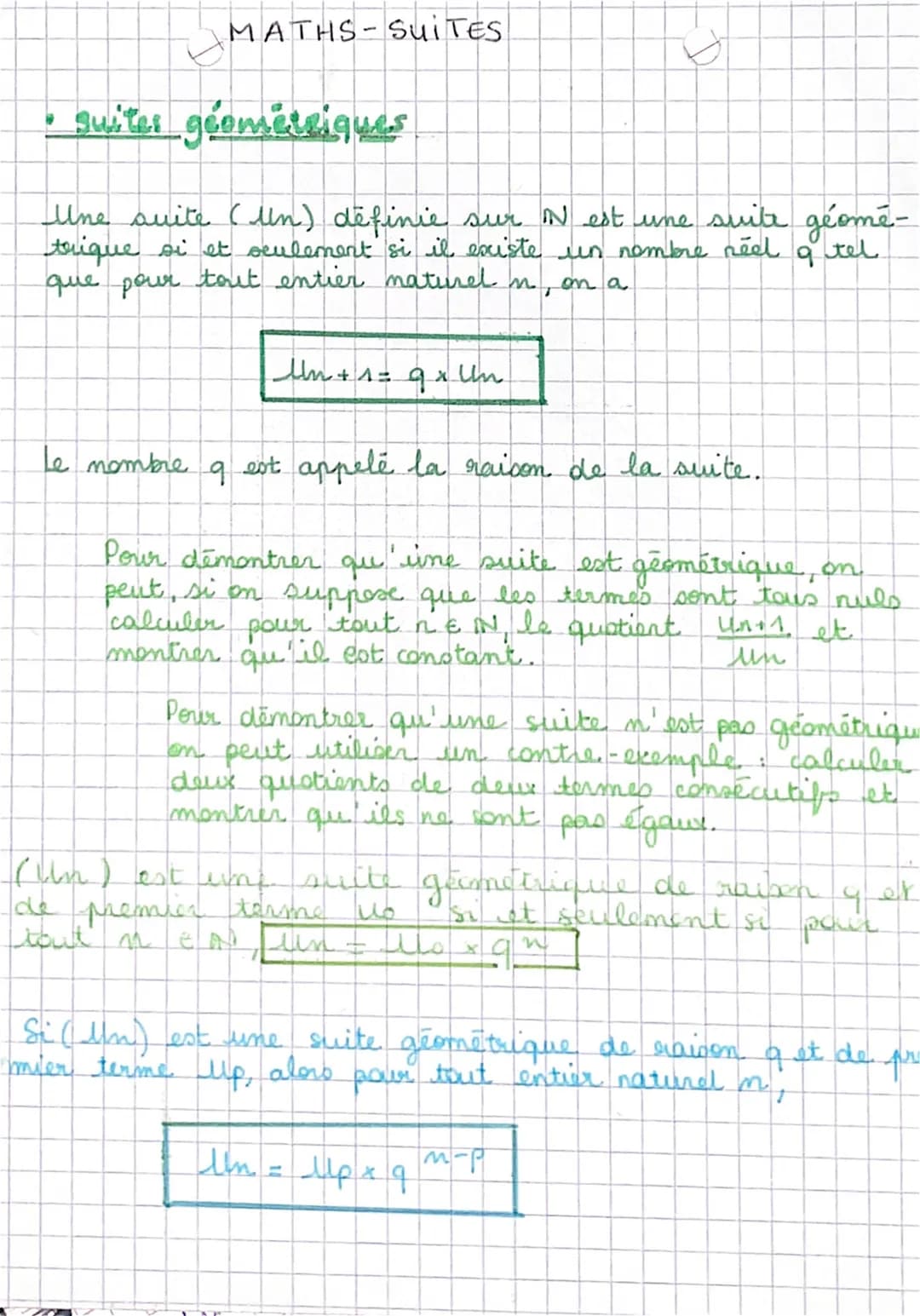 #
MATHS-SUITES
suites géométriques
Une suite (Un) définie sur N est une suite géomé-
trique si et seulement si il existe
que pour tout entie