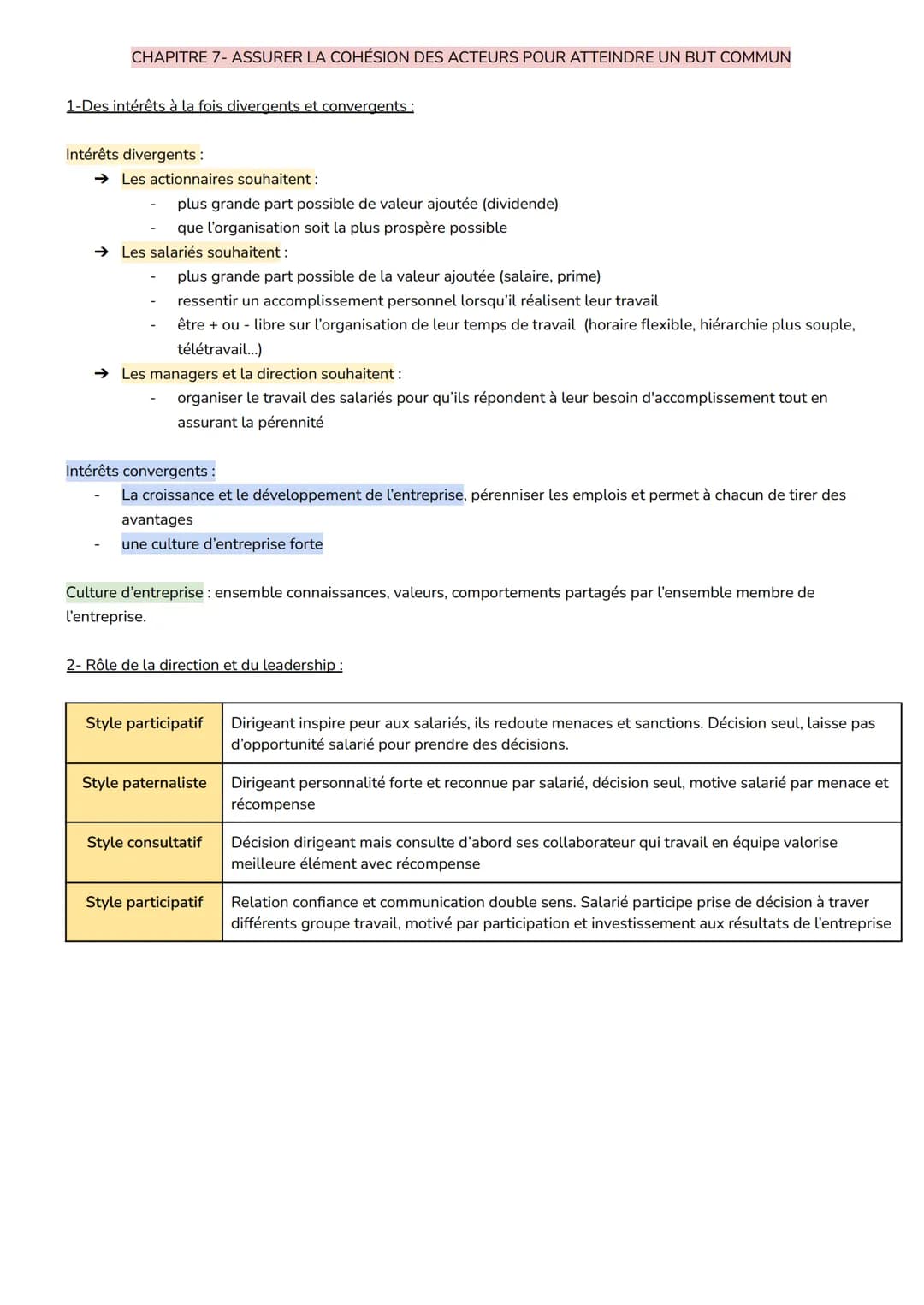 CHAPITRE 7-ASSURER LA COHÉSION DES ACTEURS POUR ATTEINDRE UN BUT COMMUN
1-Des intérêts à la fois divergents et convergents:
Intérêts diverge