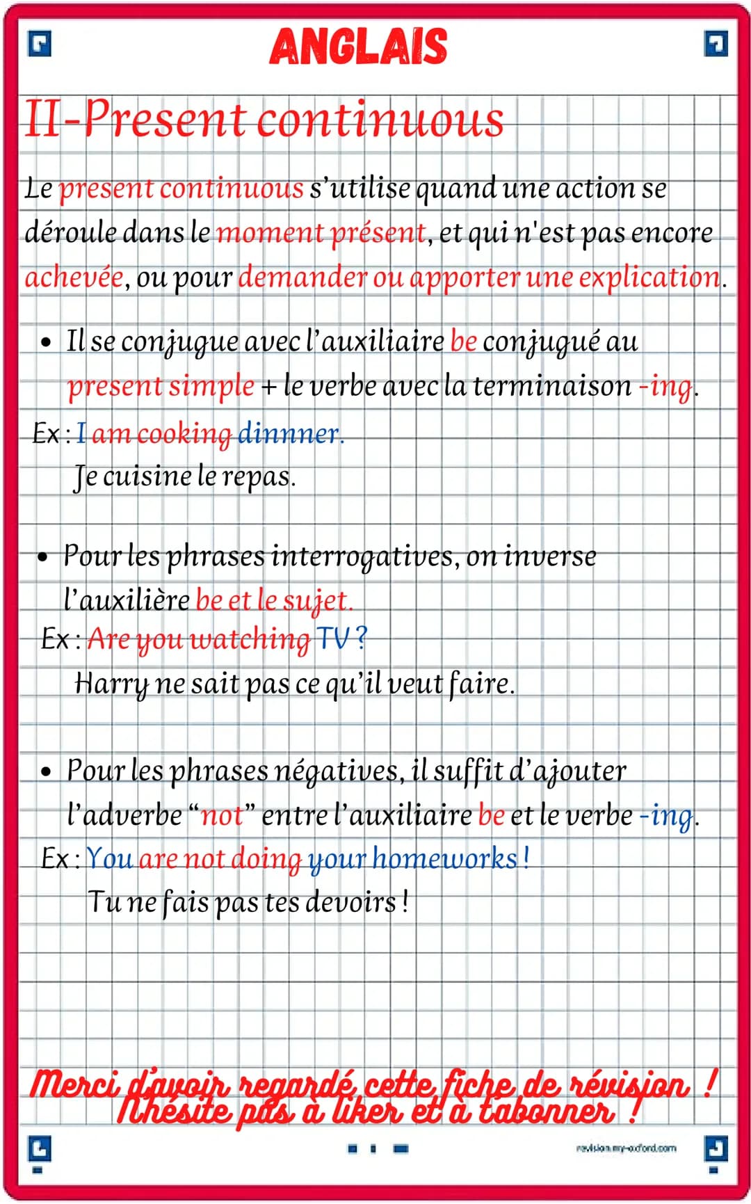 C
ANGLAIS
fiche de révision anglais
Present Simple & Present
Continuous
I-Present simple
Le present simple s'utilise pour décrire une person