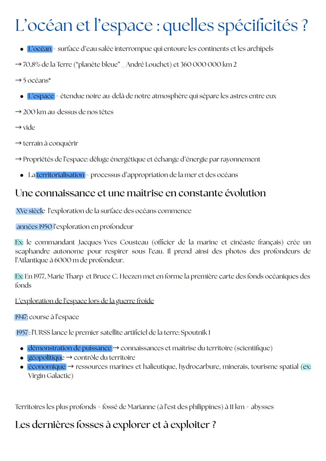 --- OCR Start ---
L'océan et l'espace : quelles spécificités?
• L'océan surface d'eau salée interrompue qui entoure les continents et les ar
