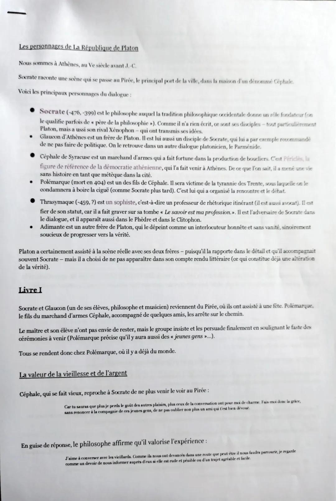 # Les personnages de La République de Platon

Nous sommes à Athènes, au Ve siècle avant J.-C.

Socrate raconte une scène qui se passe au Pir