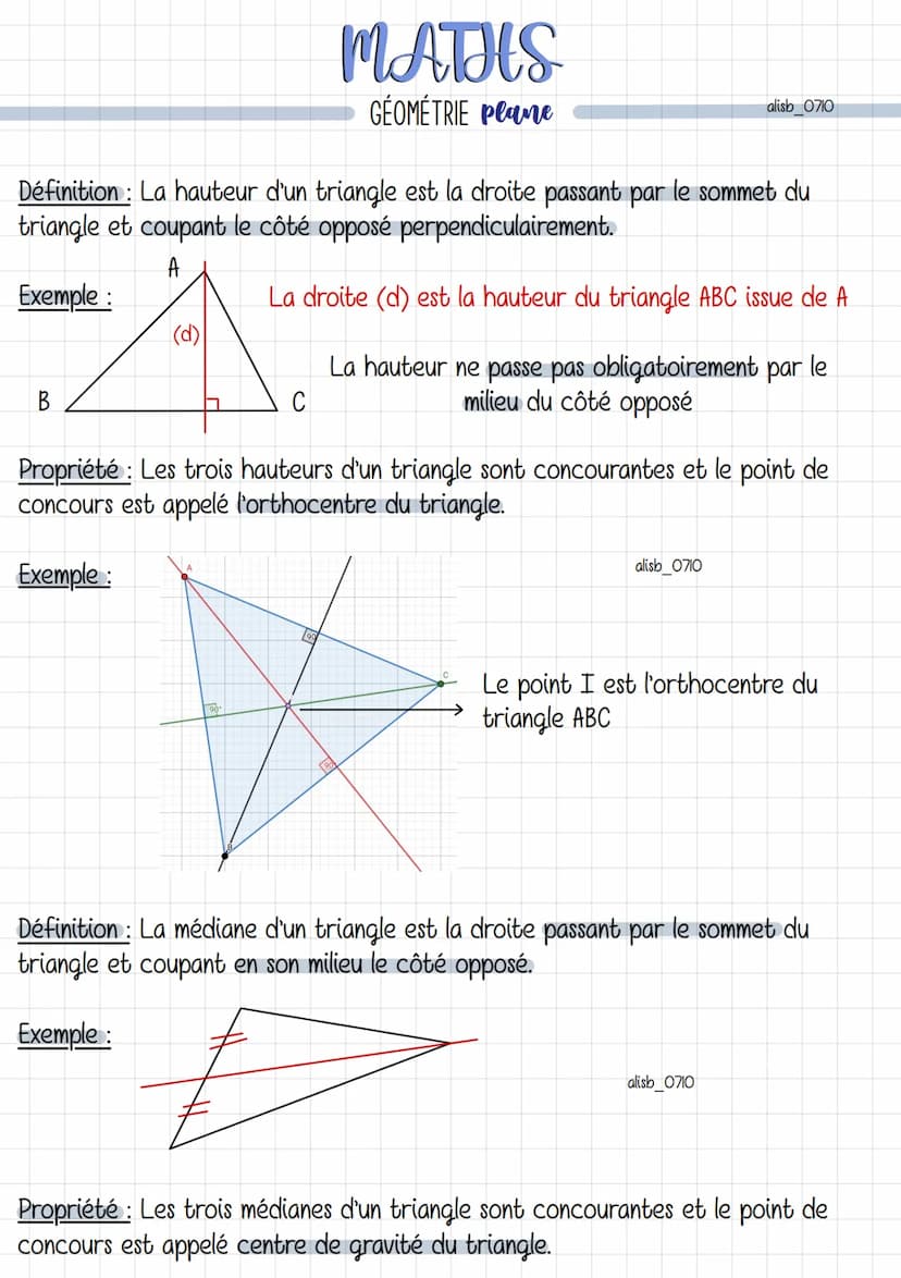 Droites remarquables
Définition : La médiatrice d'un segment est un segment à équidistance des
extrémités du segment.
A
MATHS
GÉOMÉTRIE Plan