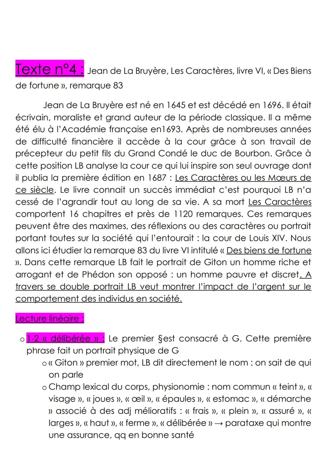 Texte n°4 Jean de La Bruyère, Les Caractères, livre VI, << Des Biens
de fortune >>, remarque 83
Jean de La Bruyère est né en 1645 et est déc