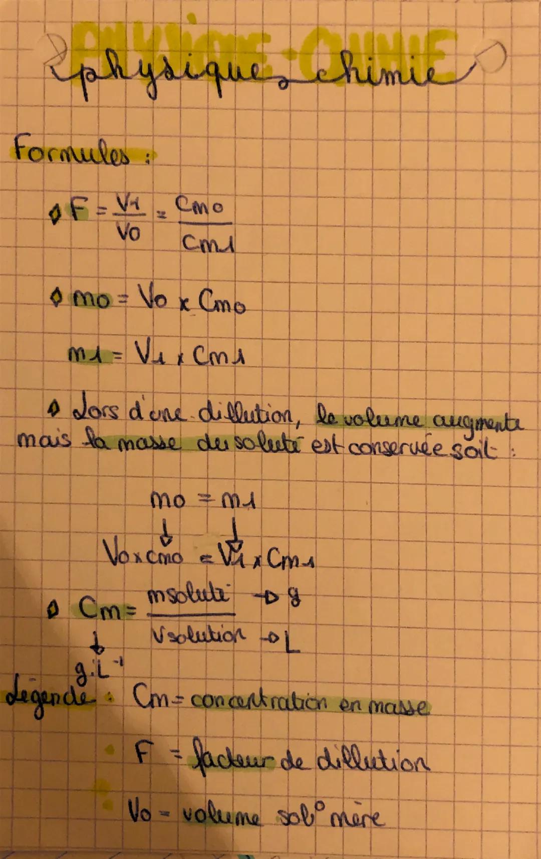 physiques chimie
*   Vi= volume solution fille
*   Cmo = Concentrat masse mere
*   Cmil= Concentrat masse fille
*   Mo= m1 = masse de solute