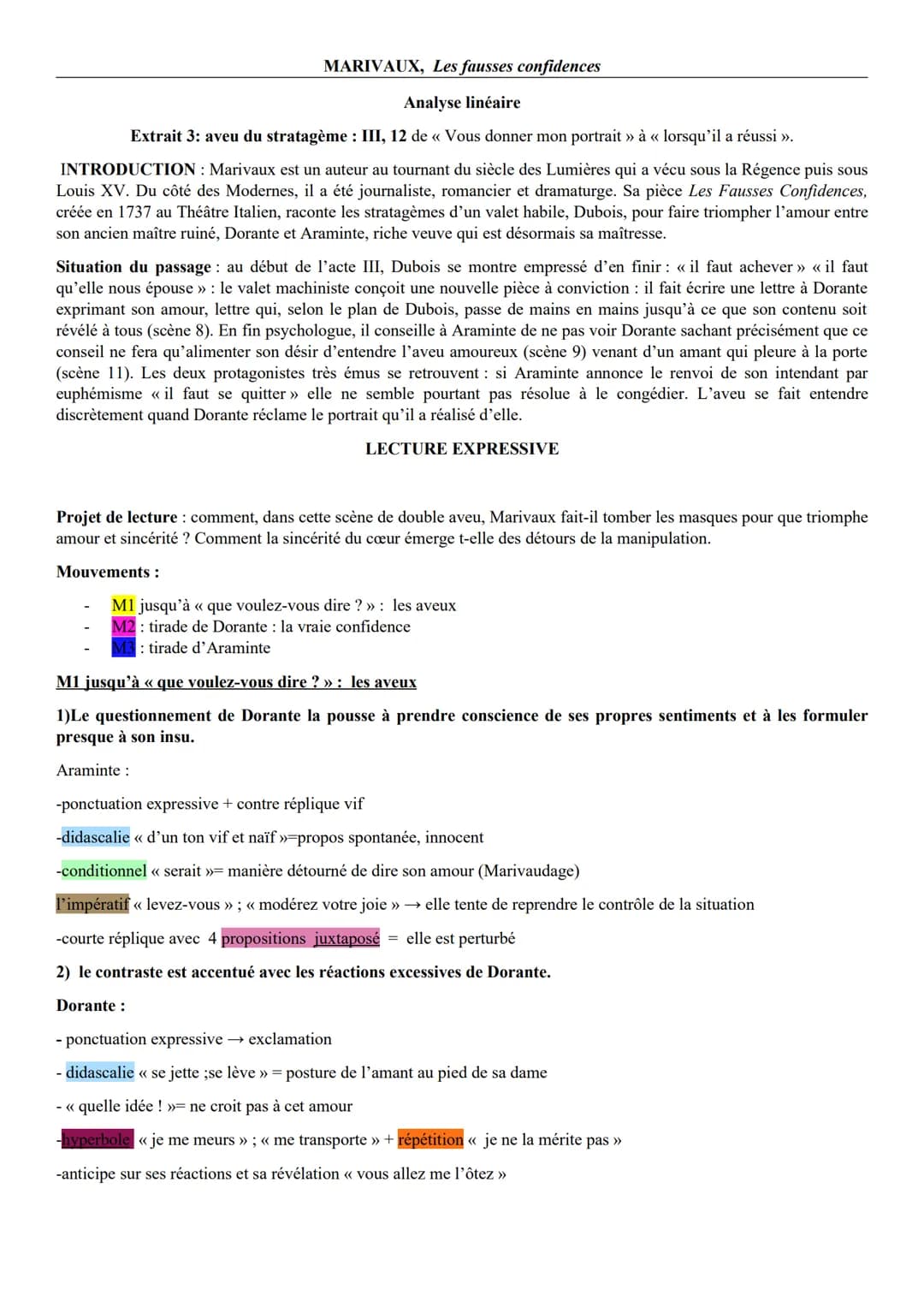 MARIVAUX, Les fausses confidences
Analyse linéaire
Extrait 3: aveu du stratagème: III, 12 de « Vous donner mon portrait » à « lorsqu'il a ré