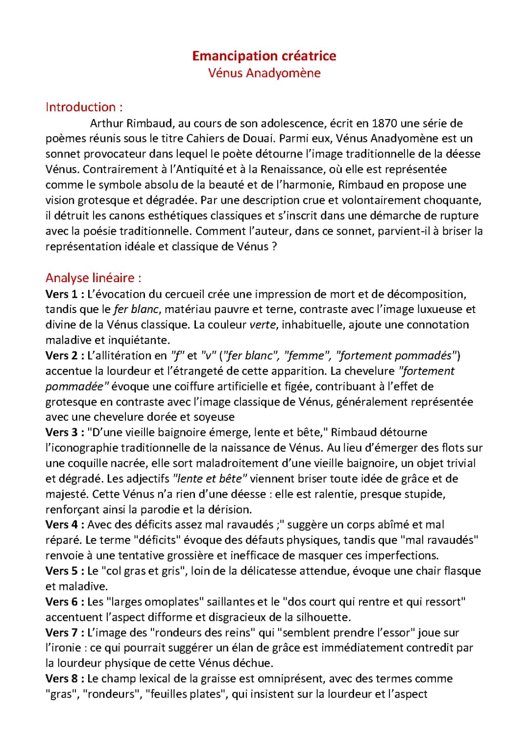 Oral Bac Français 2025 : "Vénus Anadyomène" Arthur Rimbaud