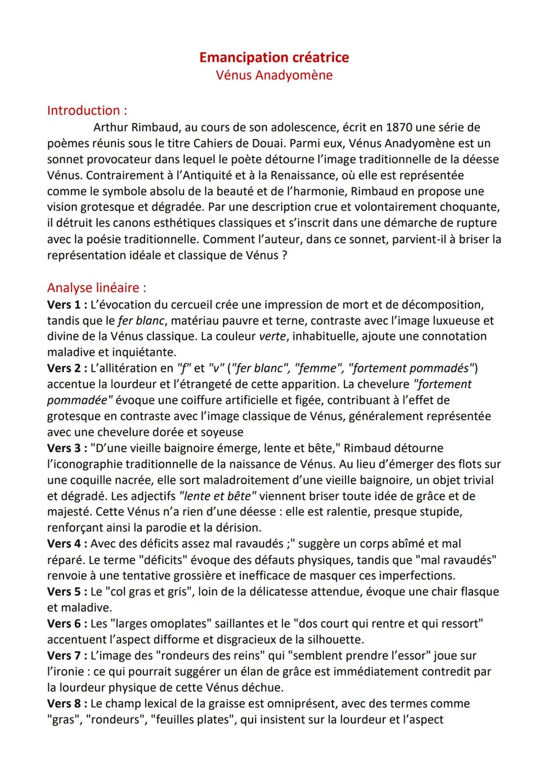 # Emancipation créatrice

Vénus Anadyomène

# Introduction :

Arthur Rimbaud, au cours de son adolescence, écrit en 1870 une série de poèmes