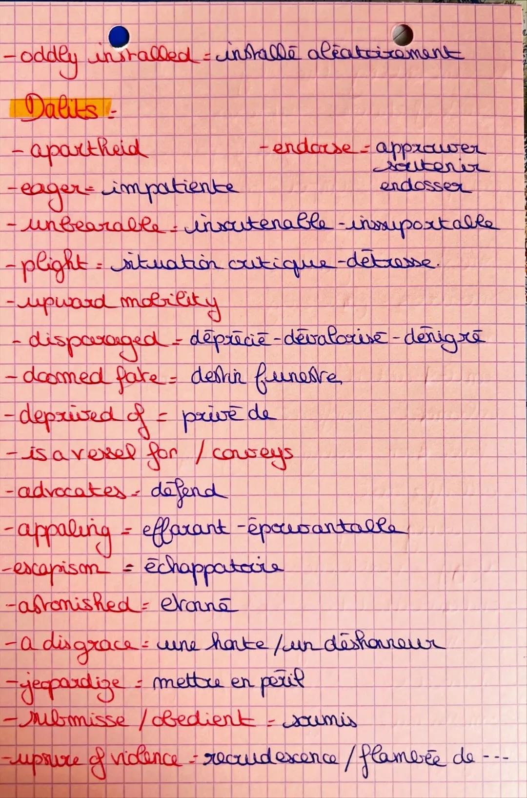 - oddly installed = installe aléatoirement
Dalits
-apartheid
-eager- impatiente
unbearable insoutenable -inssuportable
- plight = situation 