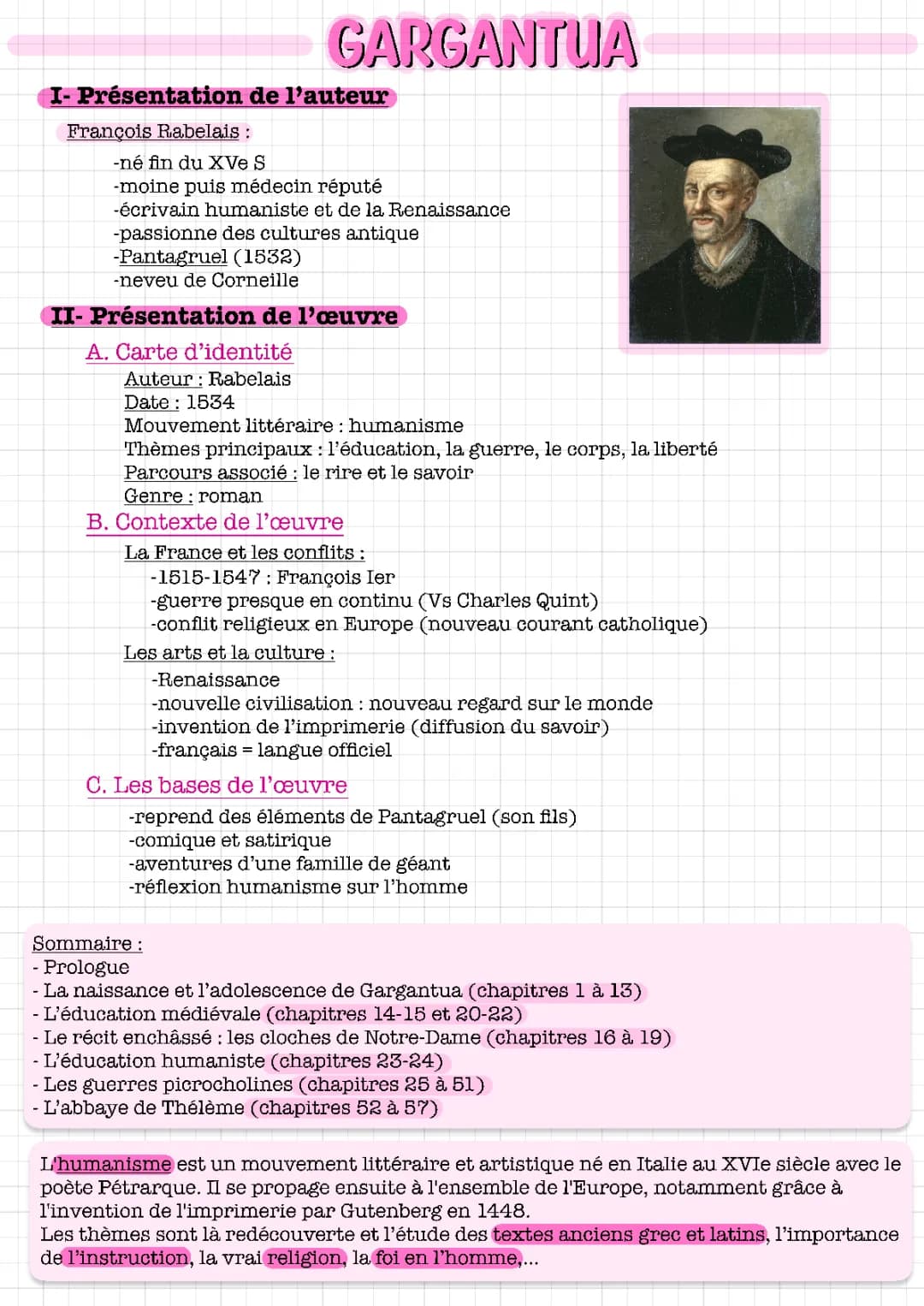 Fiche de Lecture Gargantua pour le Bac - Résumé Chapitre par Chapitre PDF
