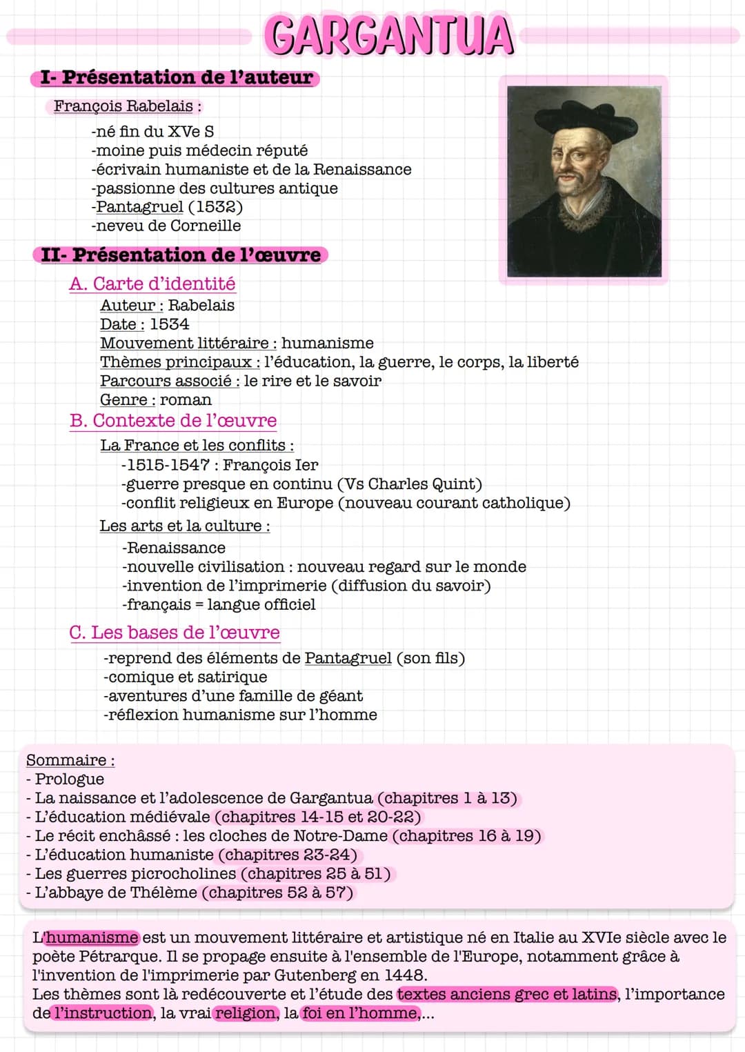 GARGANTUA
I- Présentation de l'auteur
François Rabelais :
-né fin du XVe S
-moine puis médecin réputé
-écrivain humaniste et de la Renaissan